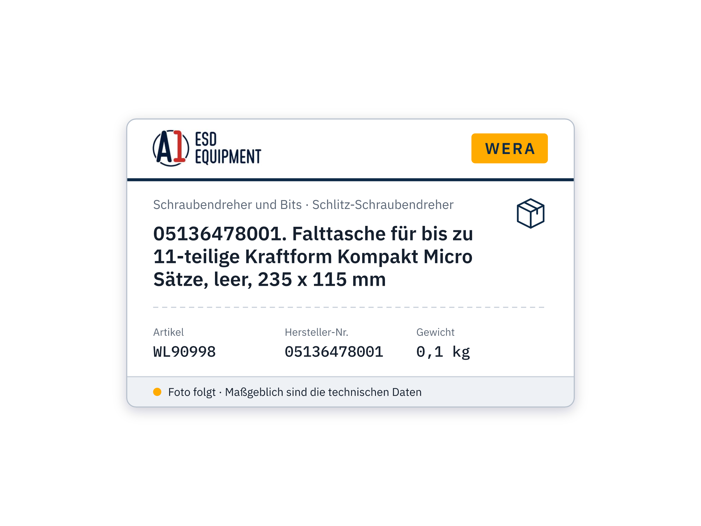 Wera 05136478001. Falttasche für bis zu 11-teilige Kraftform Kompakt Micro Sätze, leer, 235 x 115 mm