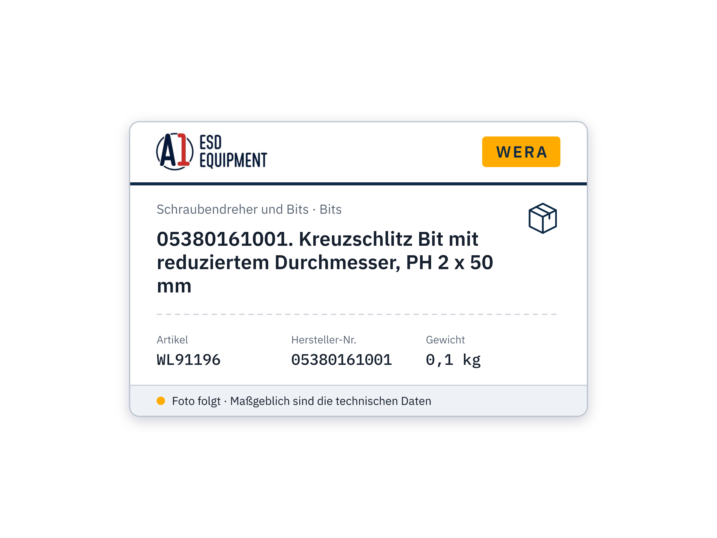 Wera 05380161001. Kreuzschlitz Bit mit reduziertem Durchmesser, PH 2 x 50 mm