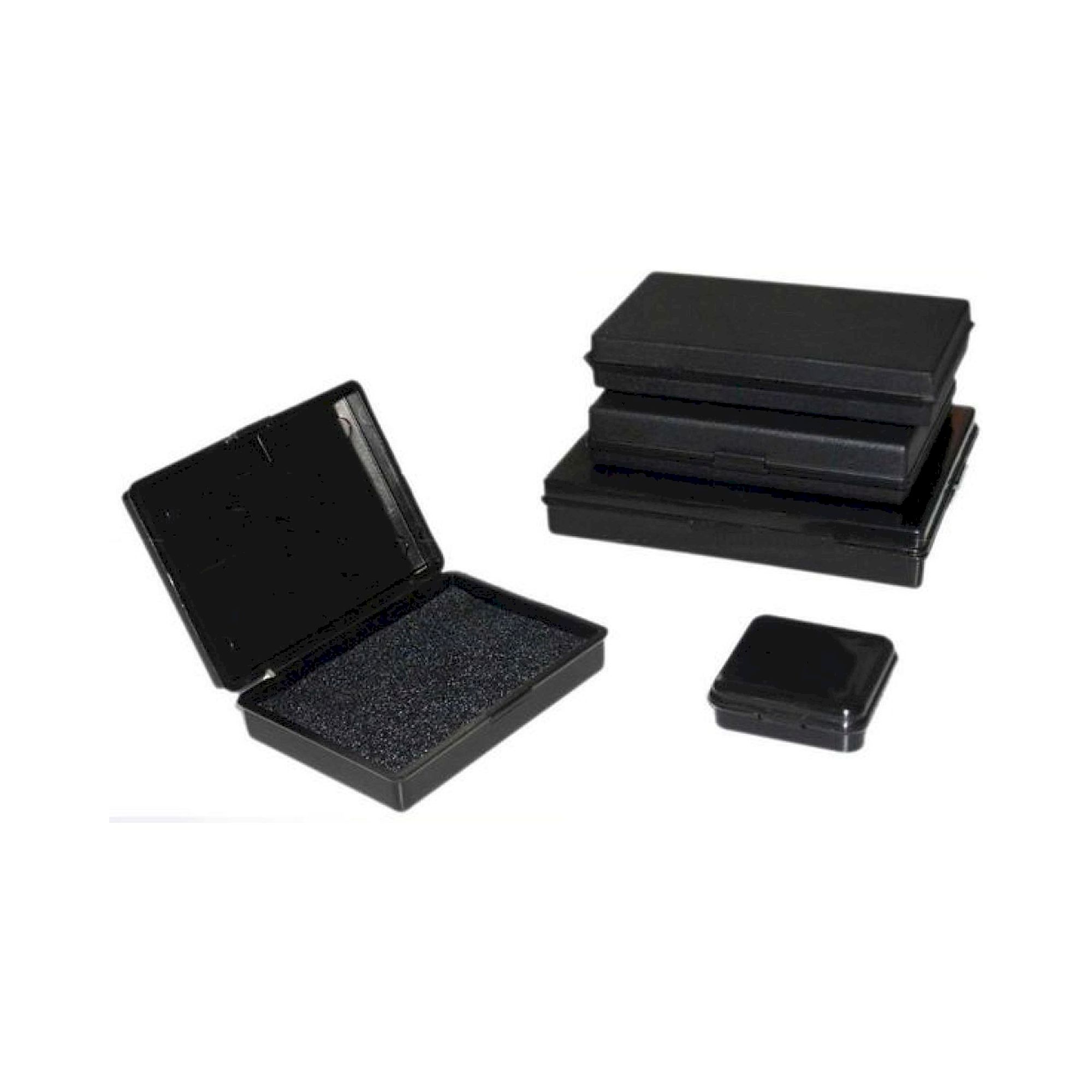 ESD small parts container with hinged lid and filling, 89x64x16 mm, black