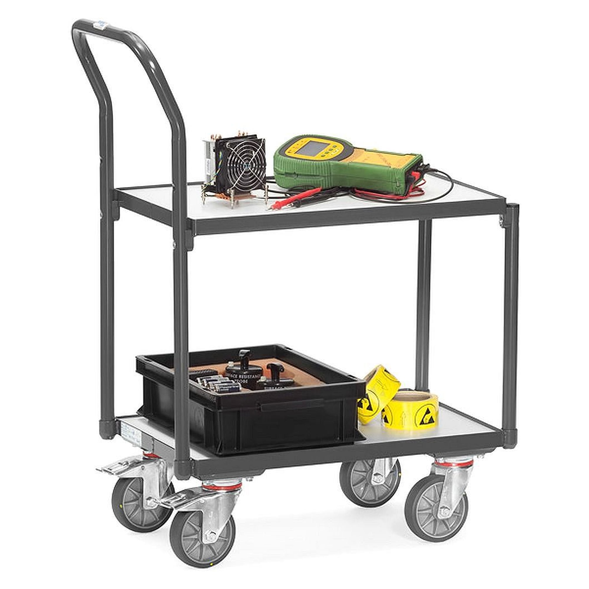 ESD-Etagenroller 2 Etagen mit Rand und Rohrschiebebügel, 605 x 408 mm - Fetra 935400