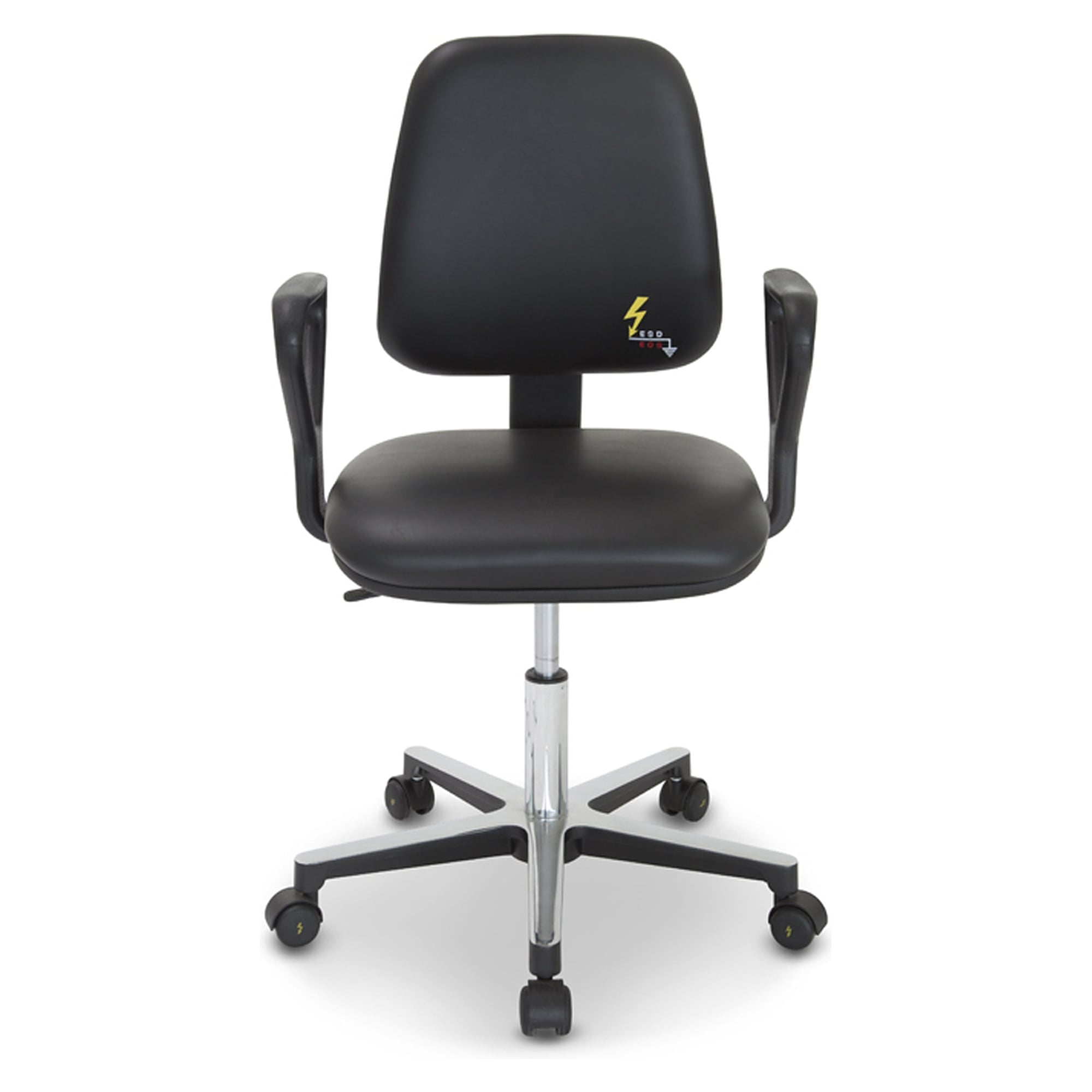 ESD-Arbeitsstuhl Comfort mit Rollen, Kunstleder schwarz, Permanentkontakt, feste Armlehnen, Sitzhöhe 420-550 mm - Grendene GREF 210 EN