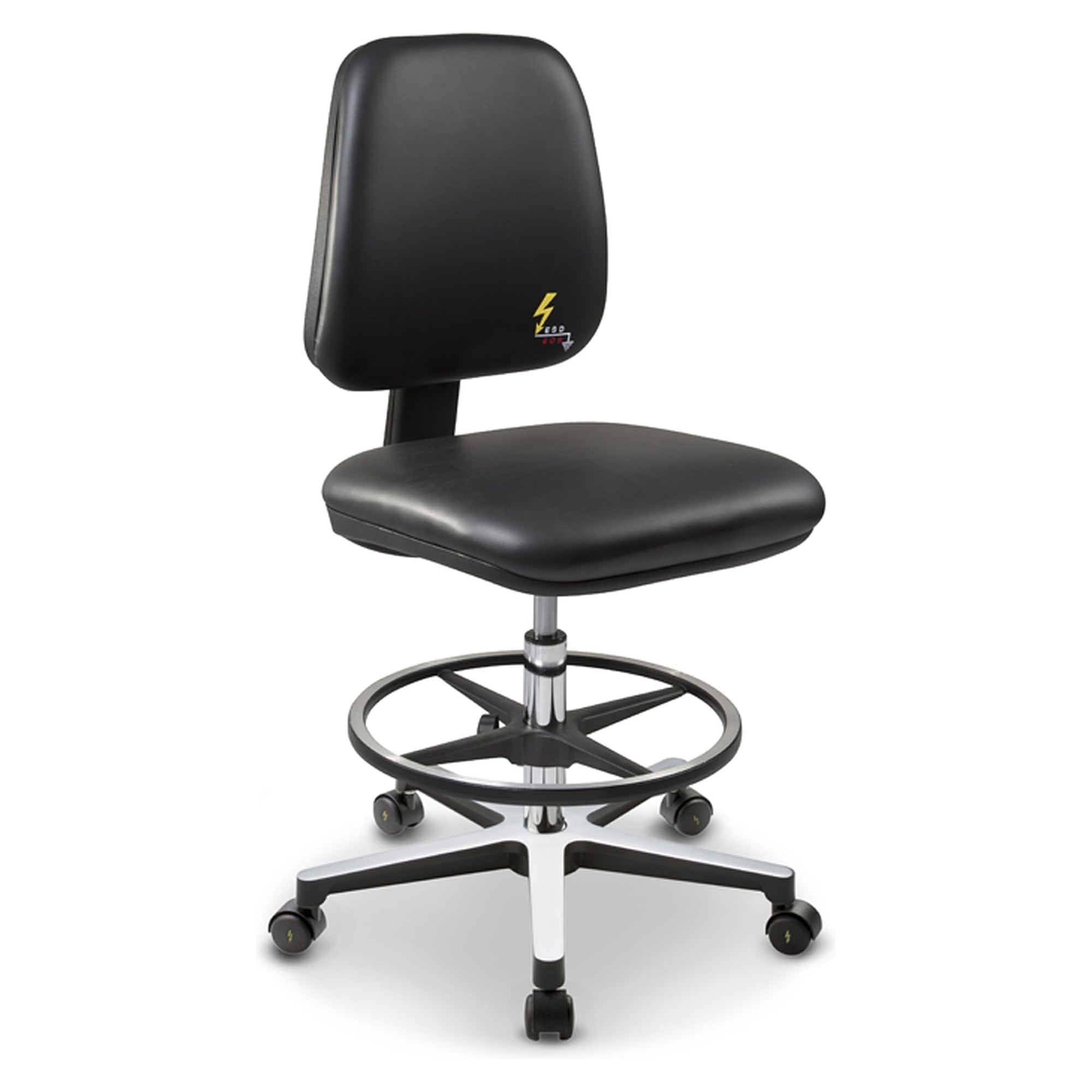Tabouret de travail ESD Comfort à roulettes, similicuir noir, contact permanent, hauteur d'assise 500-700 mm - Grendene GREF 214 EN