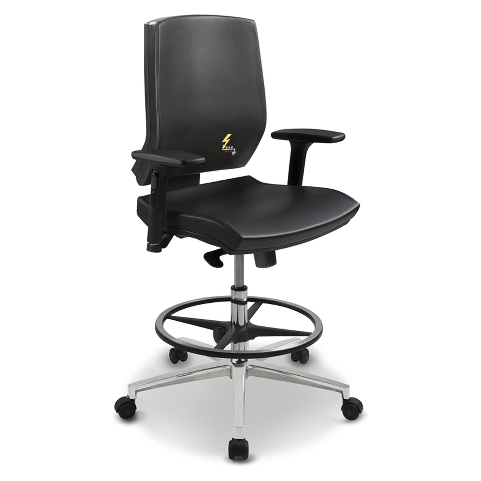 Tabouret de travail ESD Ergonomy à roulettes, similicuir noir, dossier bas, accoudoirs 3D, hauteur d'assise 500-700 mm - Grendene GREF 266 EN