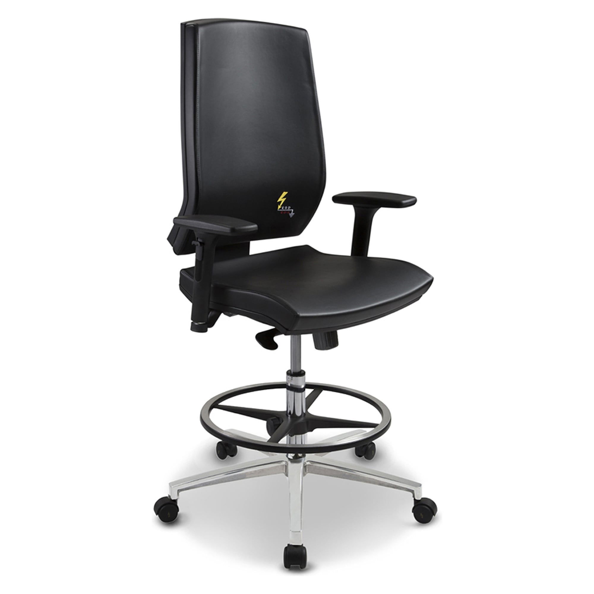 ESD-Arbeitshocker Ergonomy mit Rollen, Kunstleder schwarz, hohe Rückenlehne, 3D-Armlehnen, Sitzhöhe 500-700 mm - Grendene GREF 270 EN