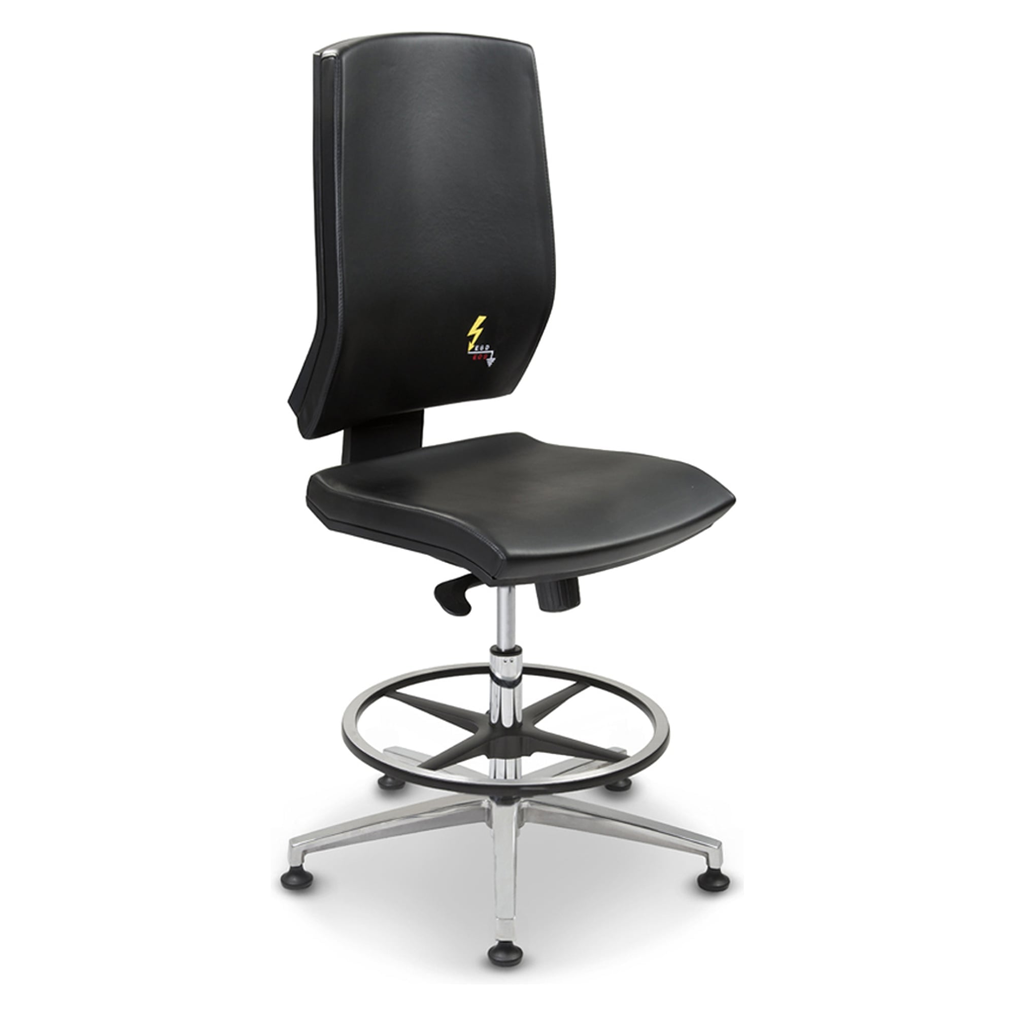 ESD-Arbeitshocker Ergonomy mit Gleitern, Kunstleder schwarz, hohe Rückenlehne, Sitzhöhe 500-700 mm - Grendene GREF 271 EN