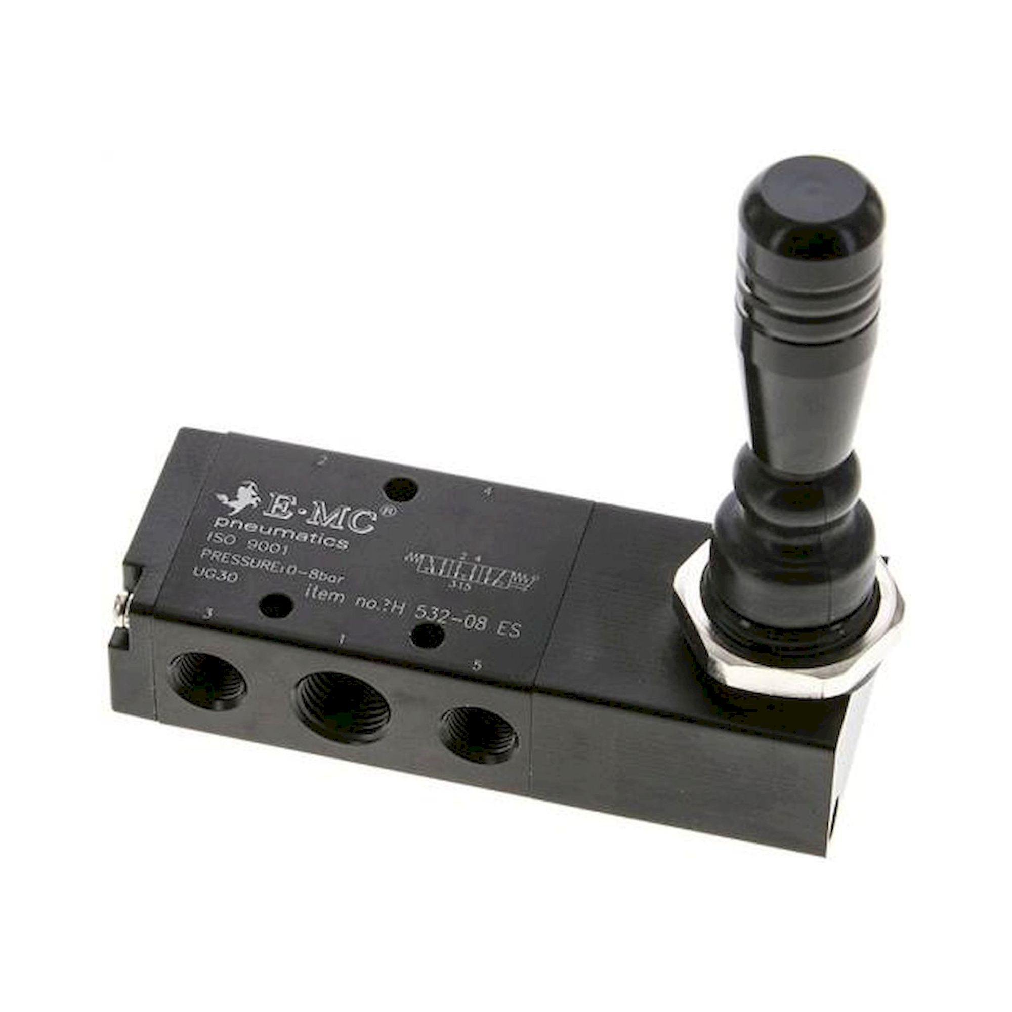 E.MC H 532-08 ES. 5/3-Wege Handhebelventil, G 1/4", Mittelstellung entlüftet, Federrückstellung