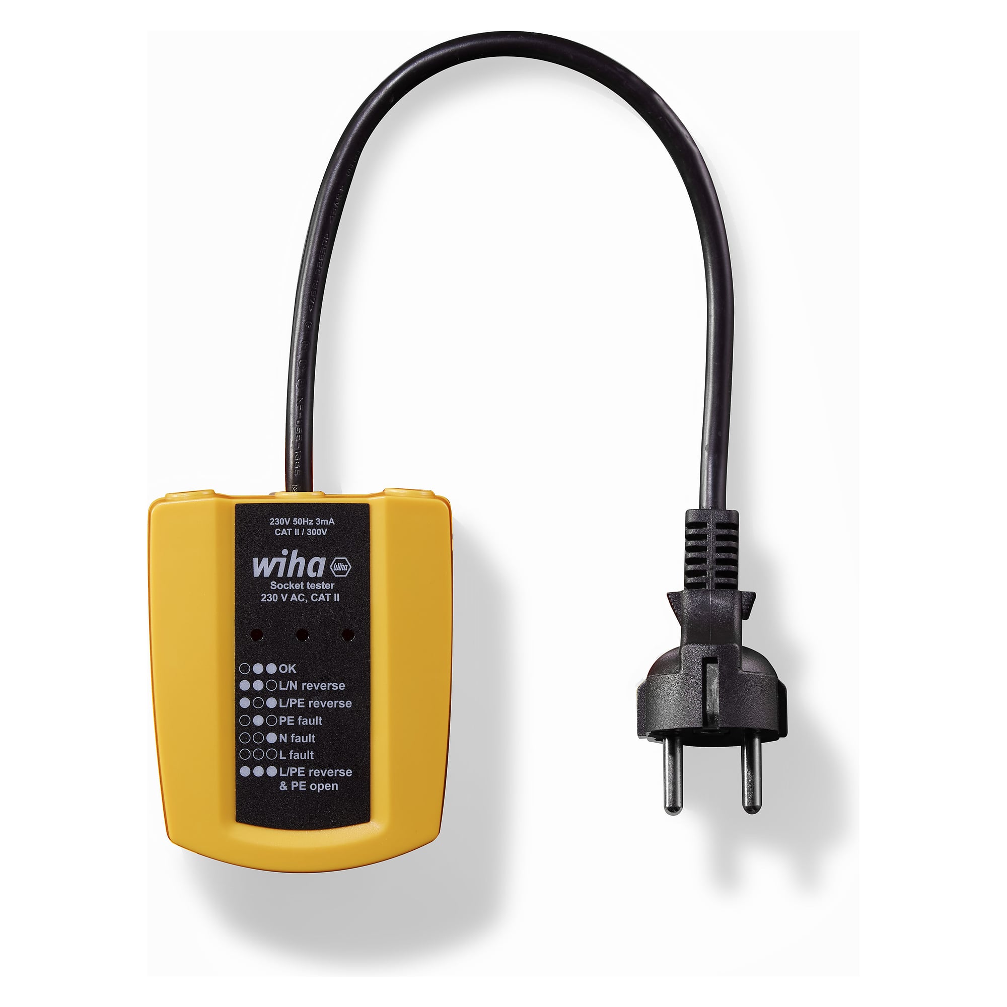 Steckdosentester 230 V AC, CAT II, LED-Anzeige, 30 cm Kabel - Wiha 45220