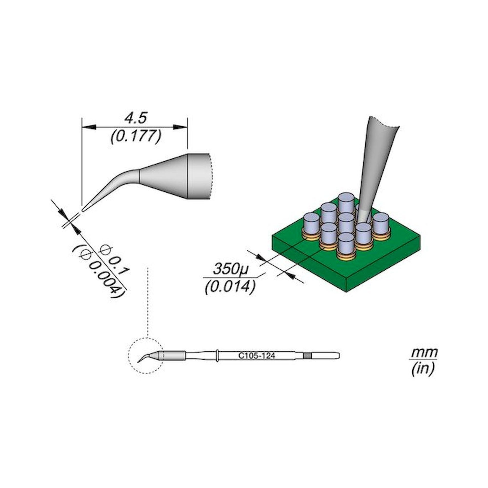 JBC C105124. Lötspitze konisch gebogen, D: 0,1 mm, C105124