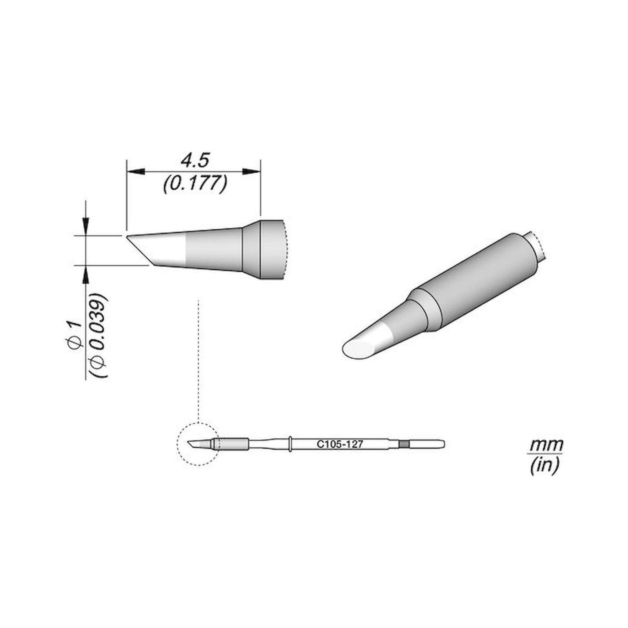 JBC C105127. Lötspitze abgeschrägt, D: 1 mm, C105127