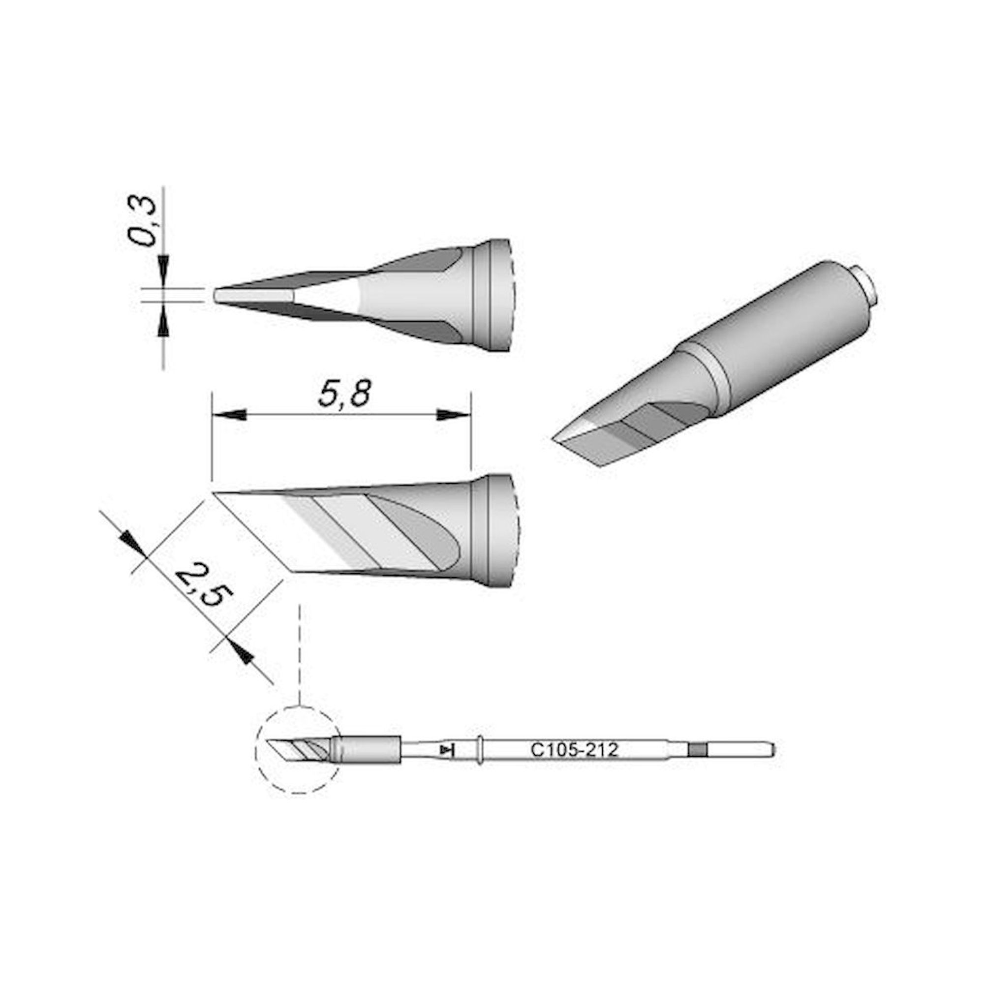 JBC C105212. Lötspitze abgeschrägt, 2,5x0,3 mm, C105212