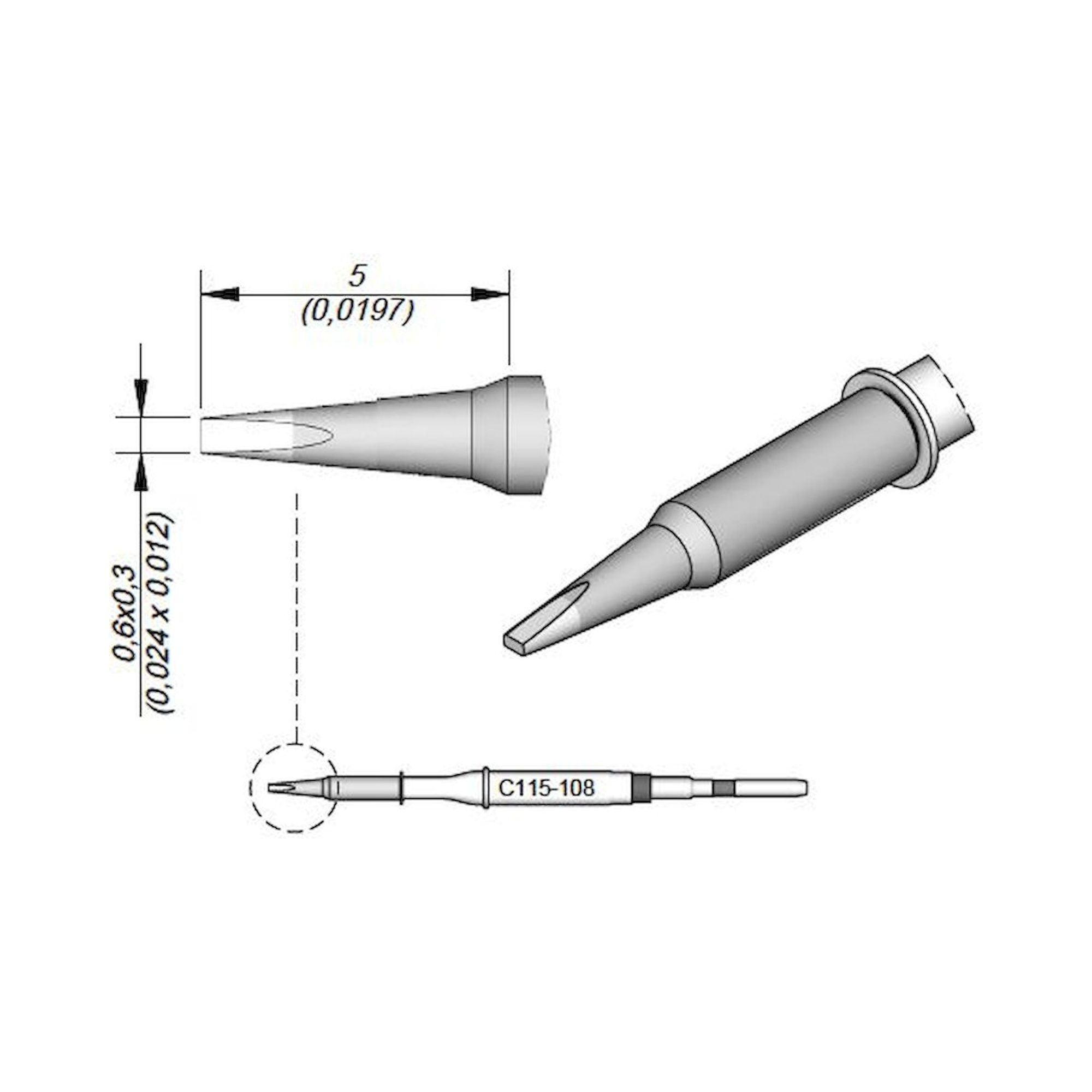 JBC C115108. Soldering tip chisel-shaped, 0.6x0.3 mm, C115108