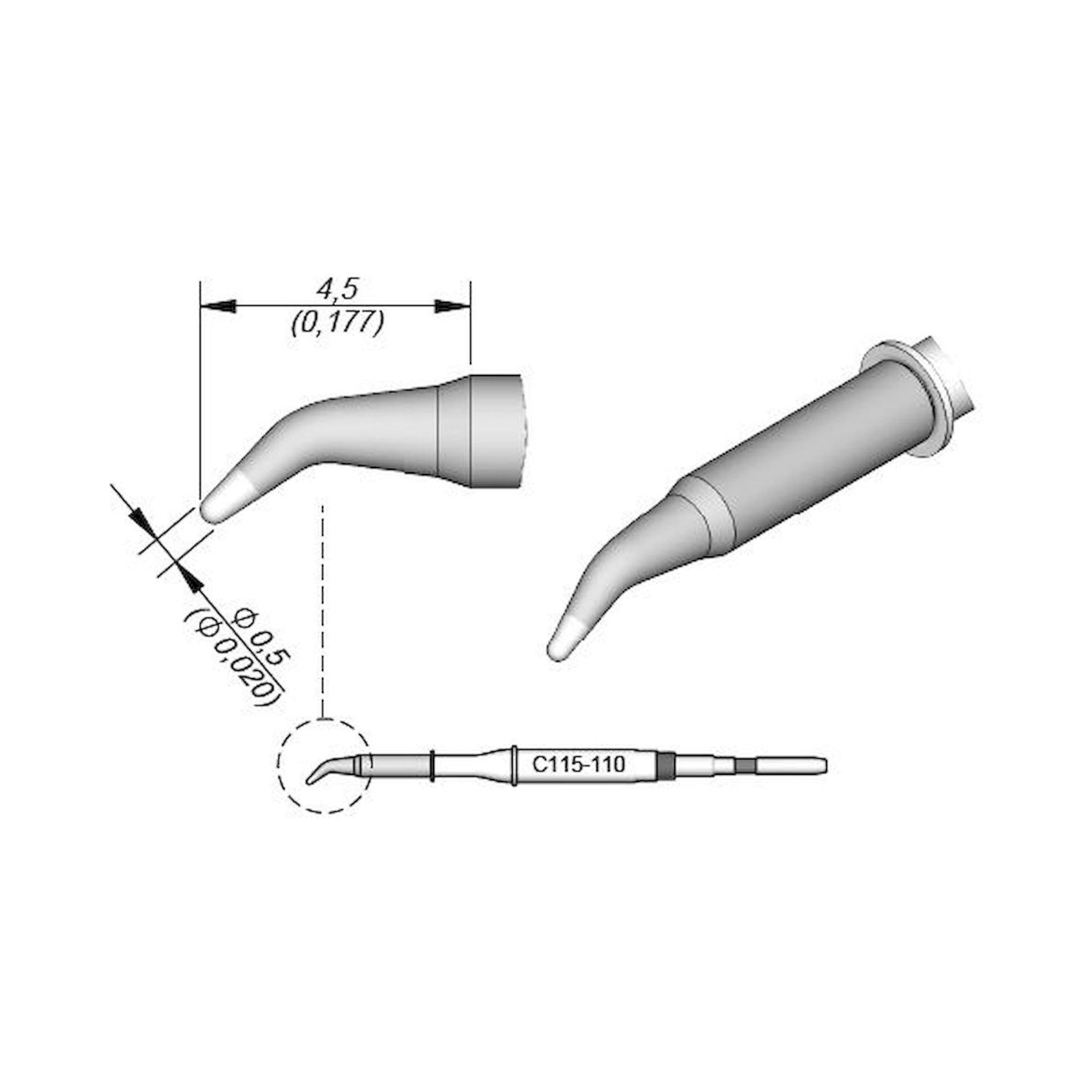 JBC C115110. Soldering tip conical bent, D: 0.5 mm, C115110