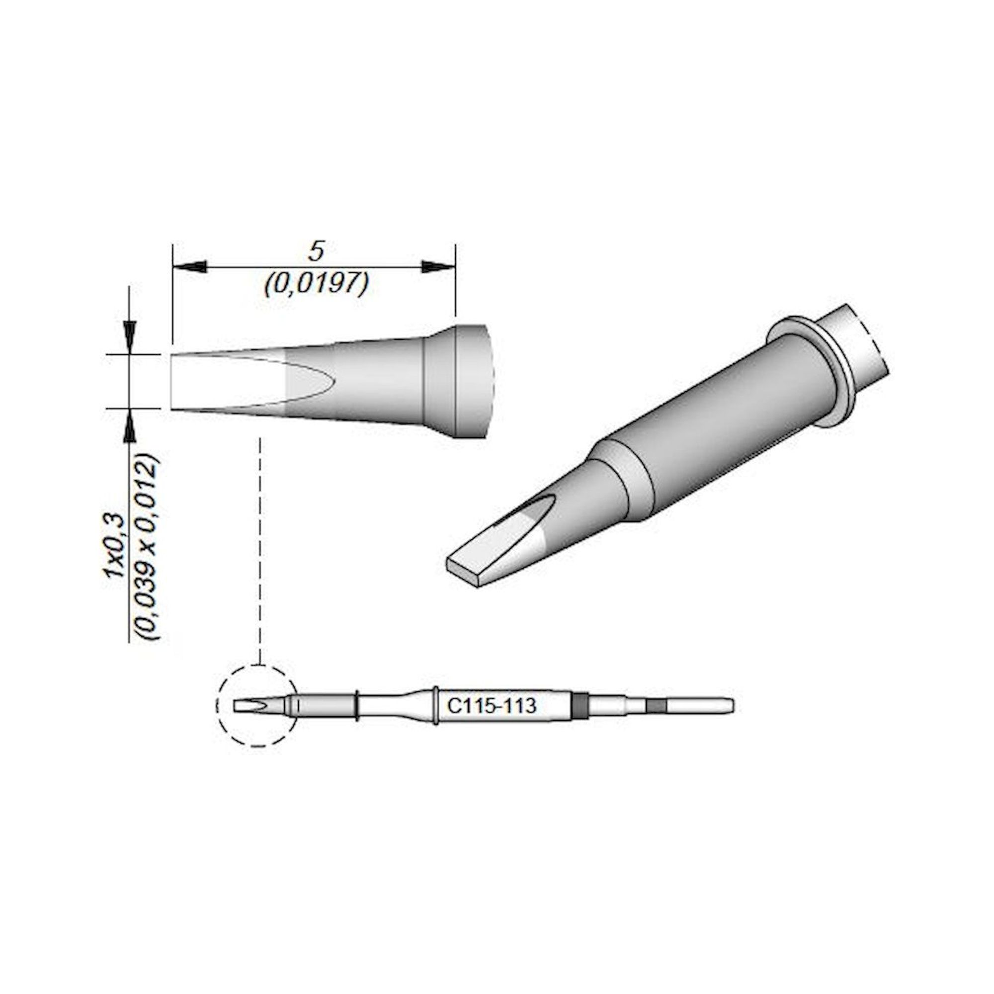 JBC C115113. Chisel-shaped soldering tip, 1x0.3 mm, C115113