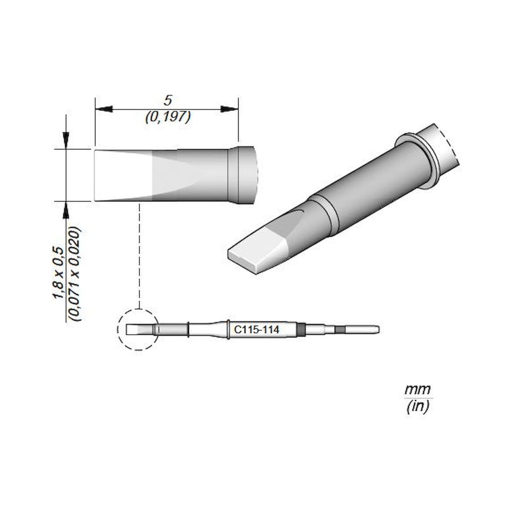 JBC C115114. Chisel-shaped soldering tip, 1.8x0.5 mm, C115114