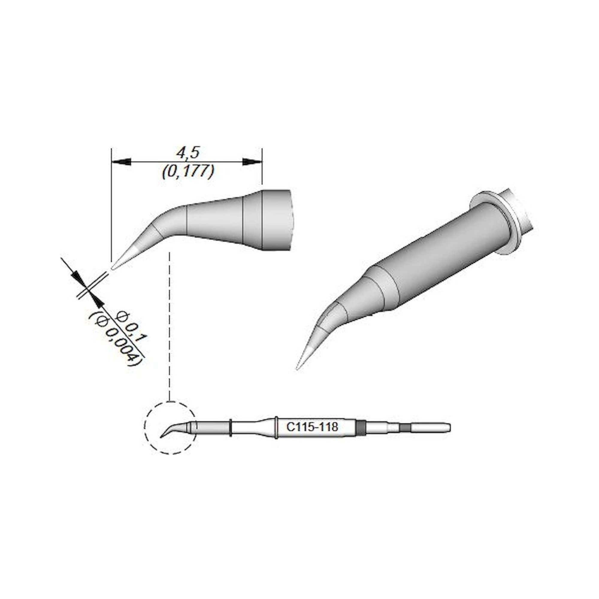 JBC C115118. Soldering tip conical bent, D: 0.1 mm, C115118