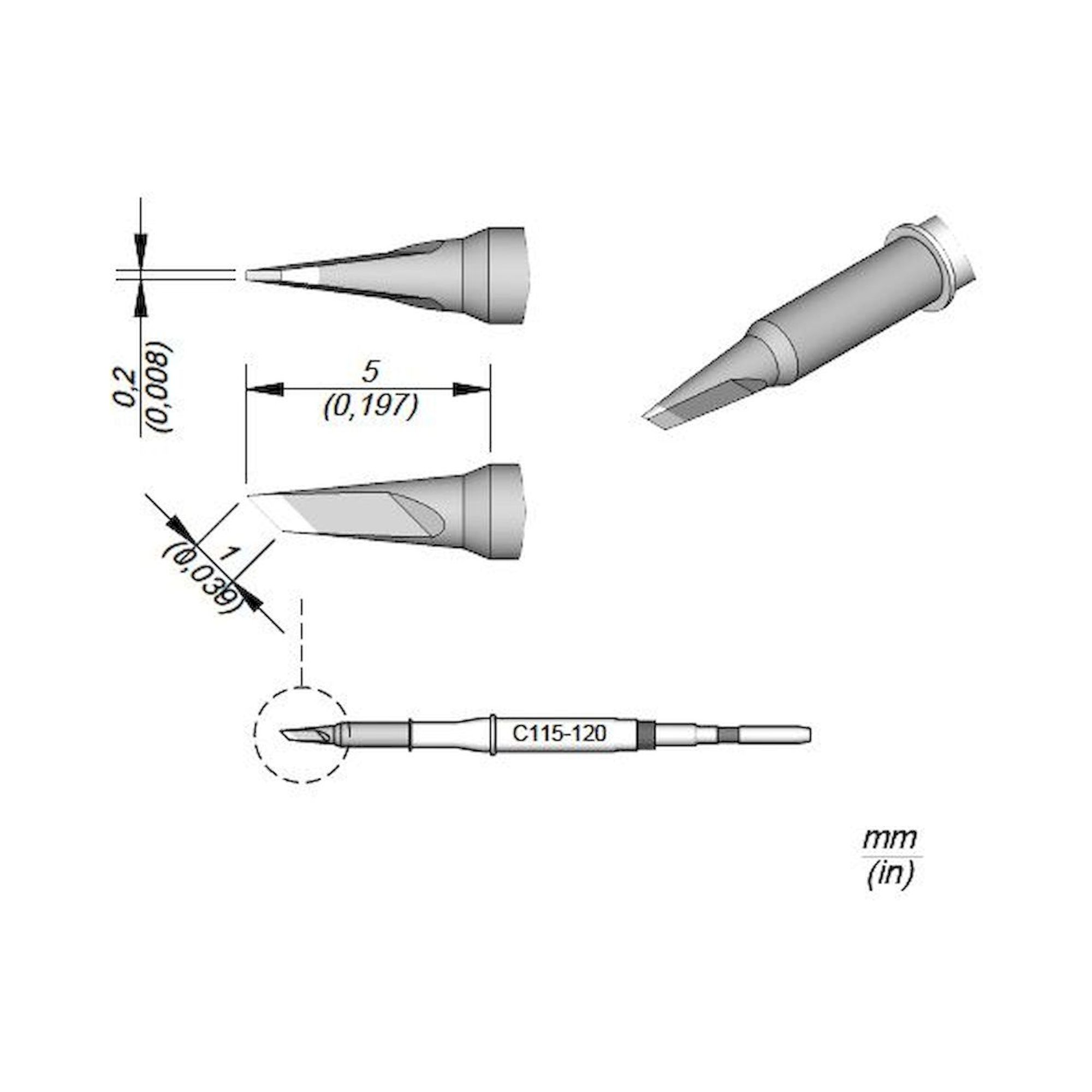 JBC C115120. Knife-shaped soldering tip, 1x0.2 mm, C115120