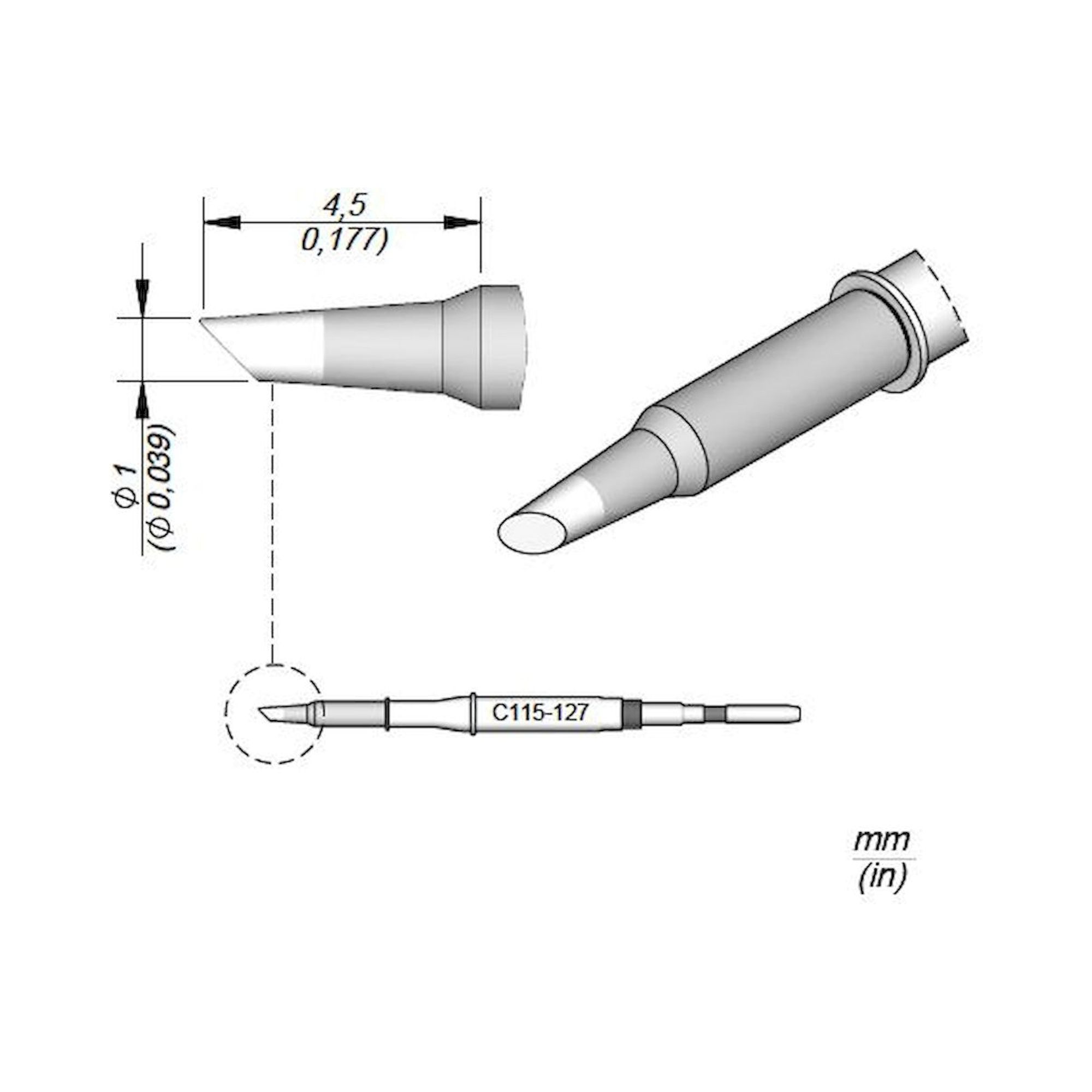 JBC C115127. Soldering tip bevelled, D: 1 mm, C115127