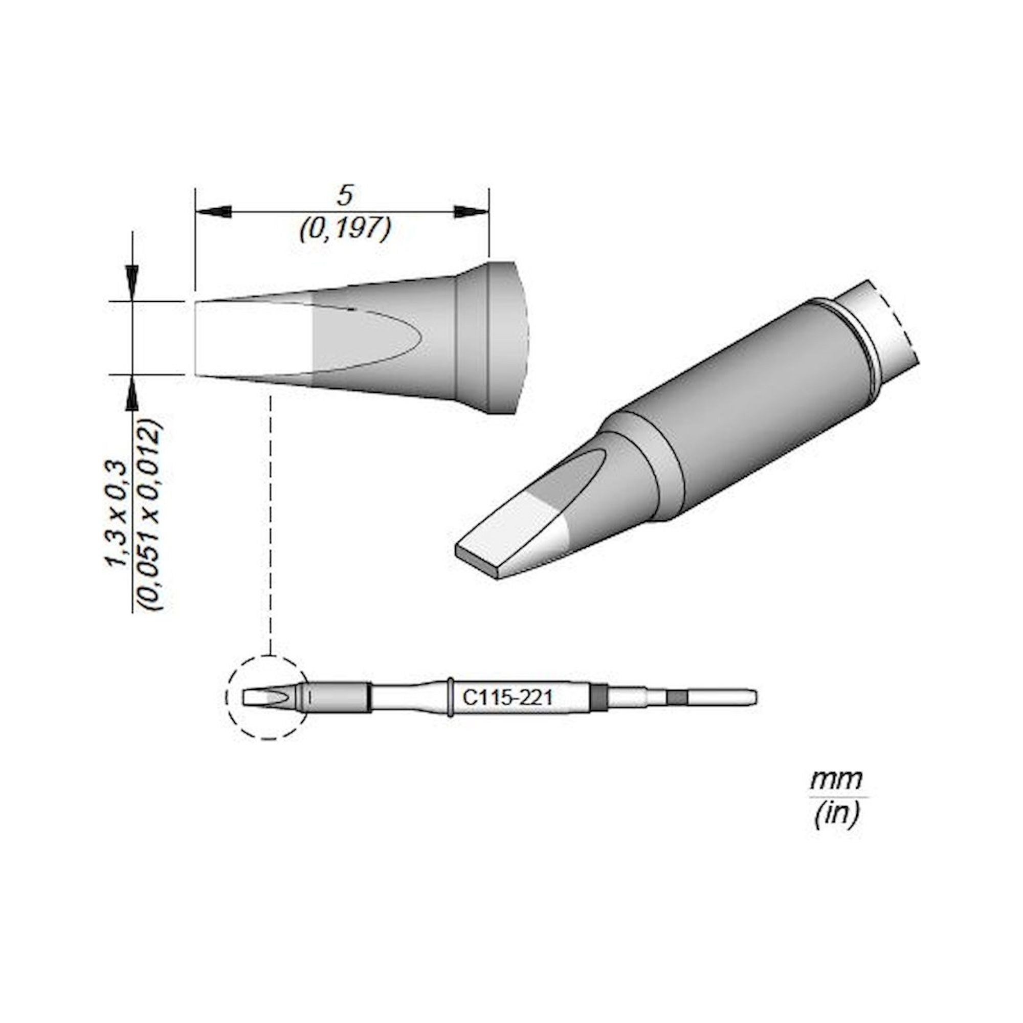 JBC C115221. Chisel-shaped soldering tip, 1.3x0.3 mm, C115221