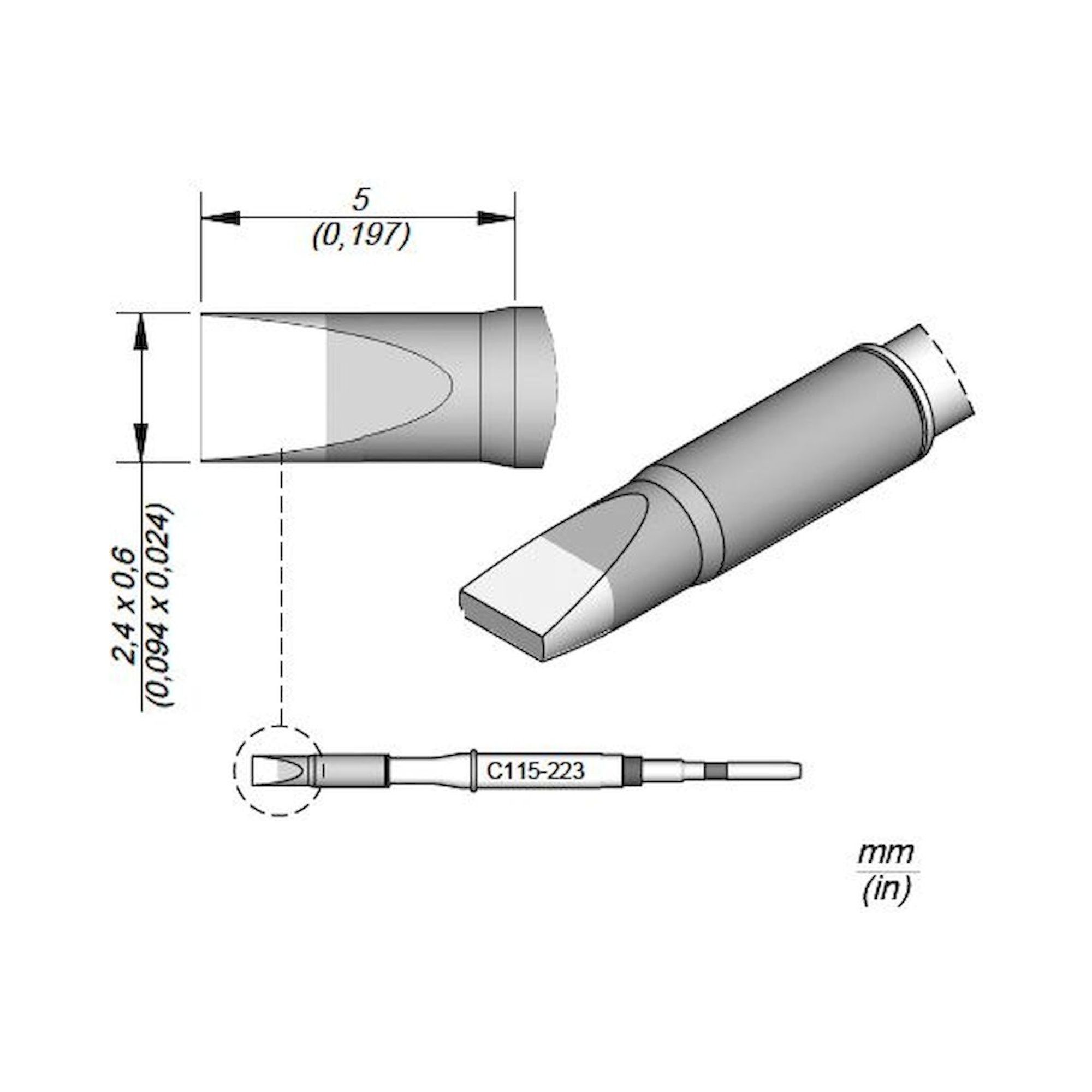 JBC C115223. Chisel-shaped soldering tip, 2.4x0.6 mm, C115223