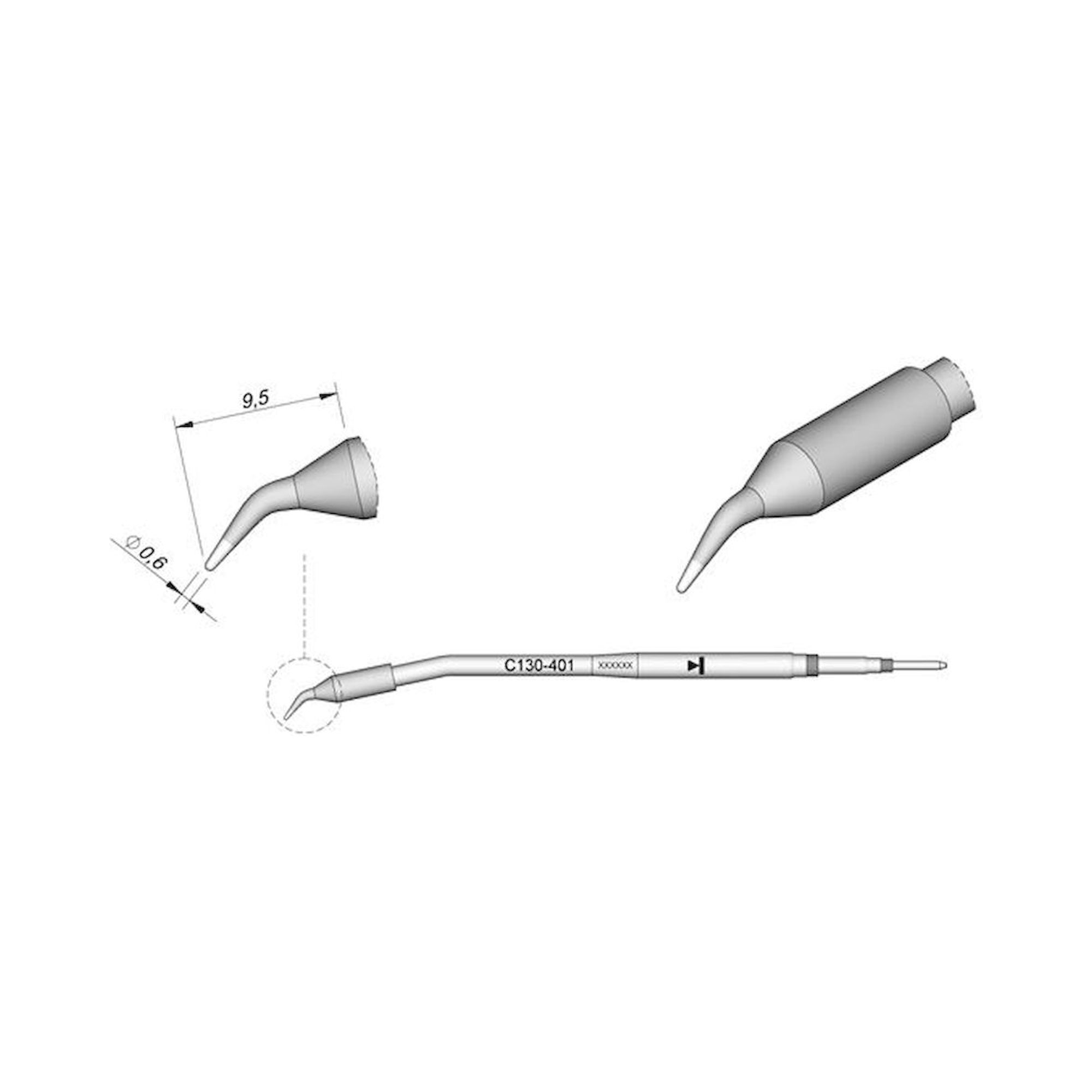 JBC C130401. Soldering tip, conical, curved, D: 0.6 mm, C130401