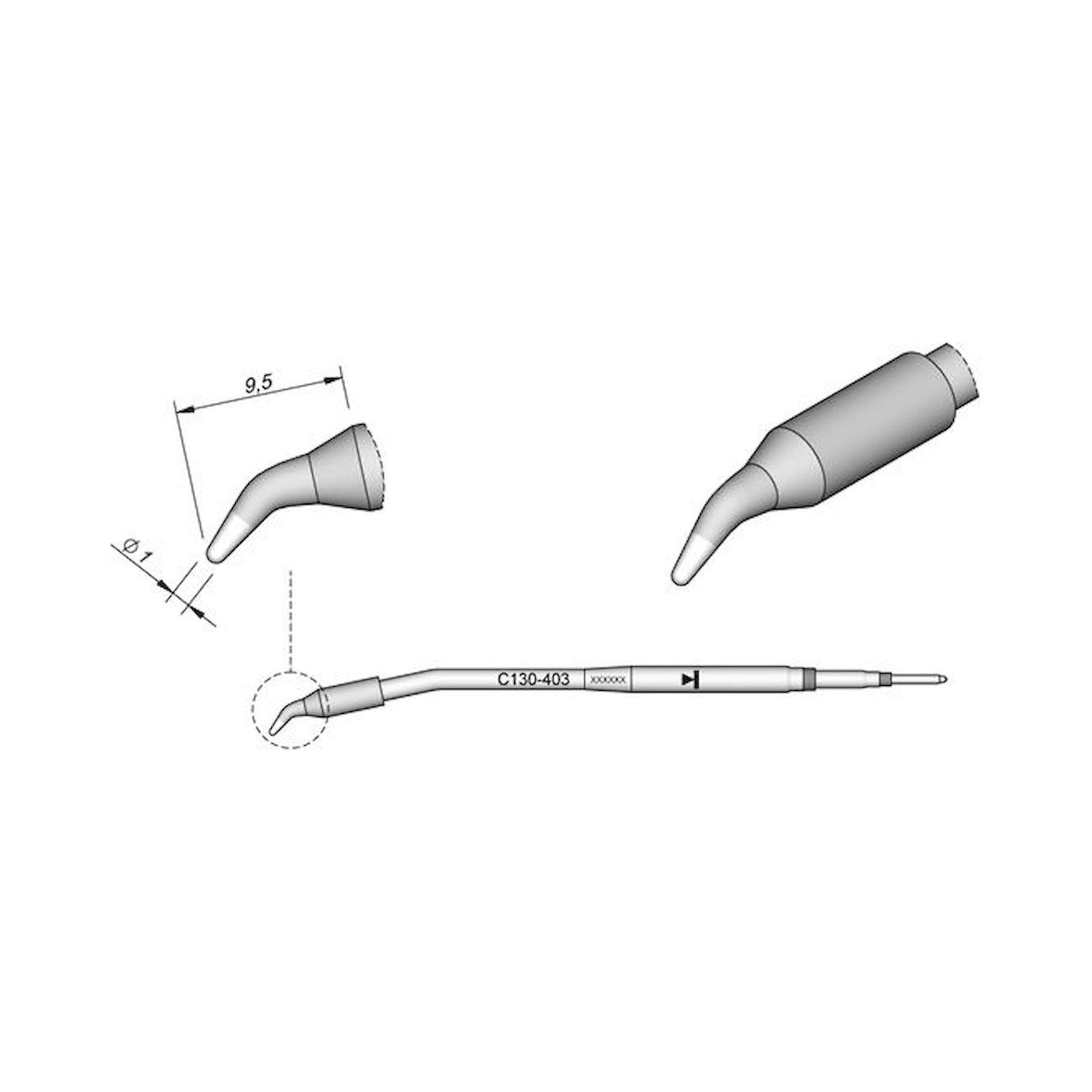 JBC C130403. Soldering tip, conical, curved, D: 1 mm, C130403
