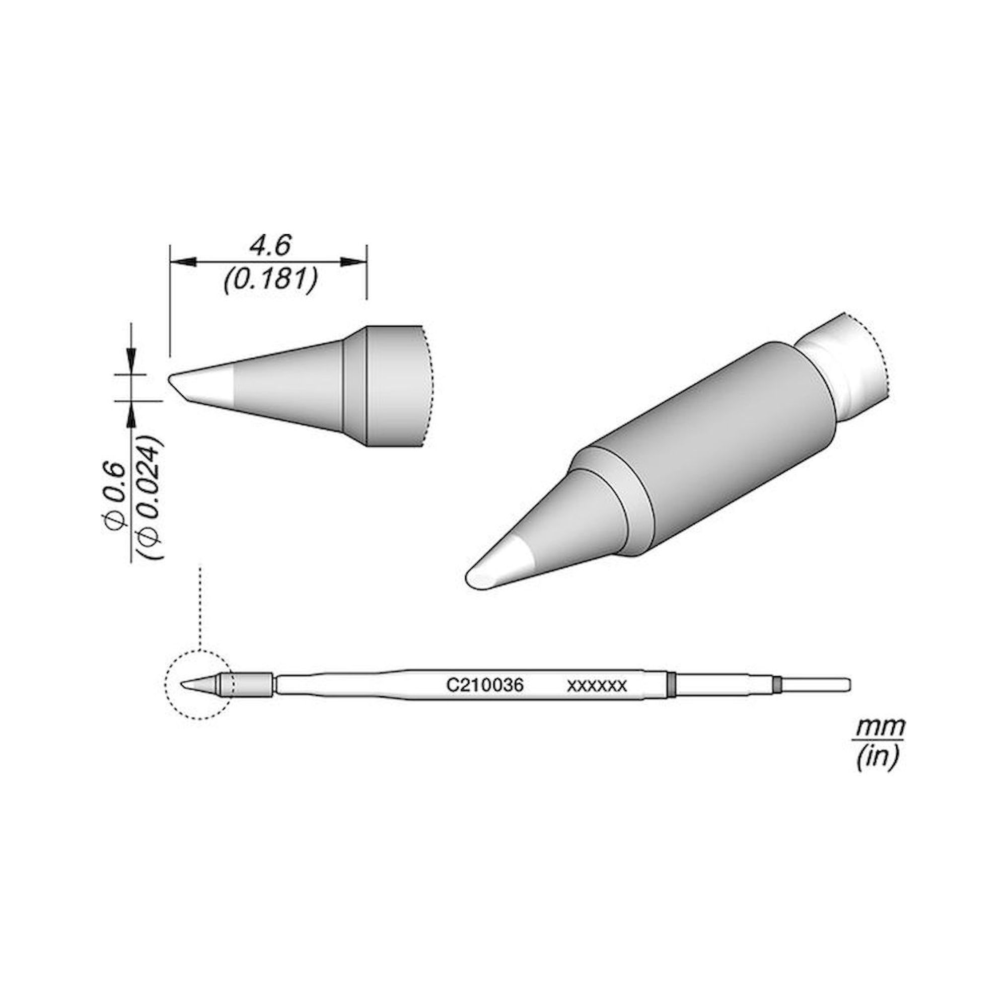 JBC C210036. Lötspitze kegelförmig, Durchmesser 0,6 mm