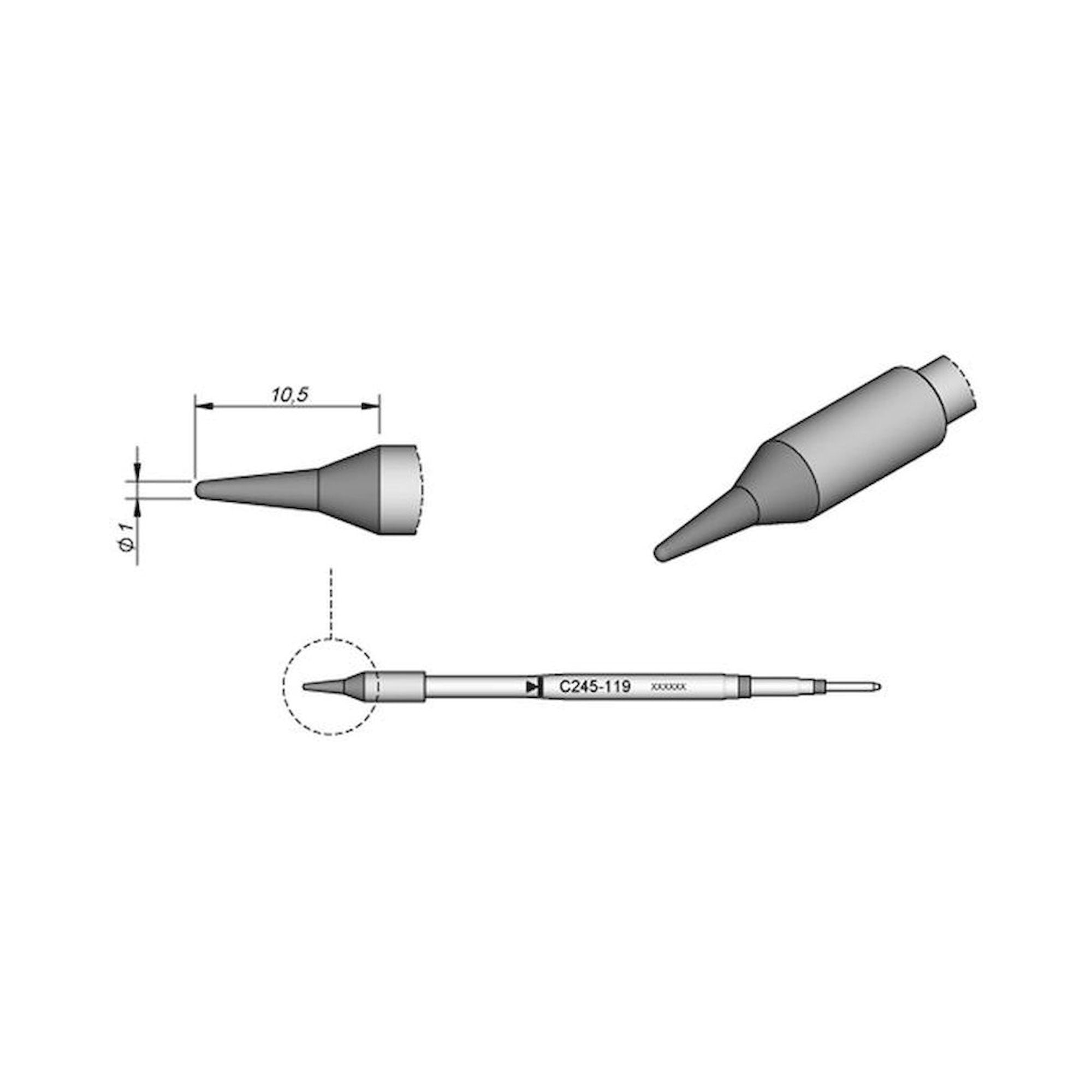 JBC C245119. Soldering tip conical, D: 1 mm - Teflon coating, C245119