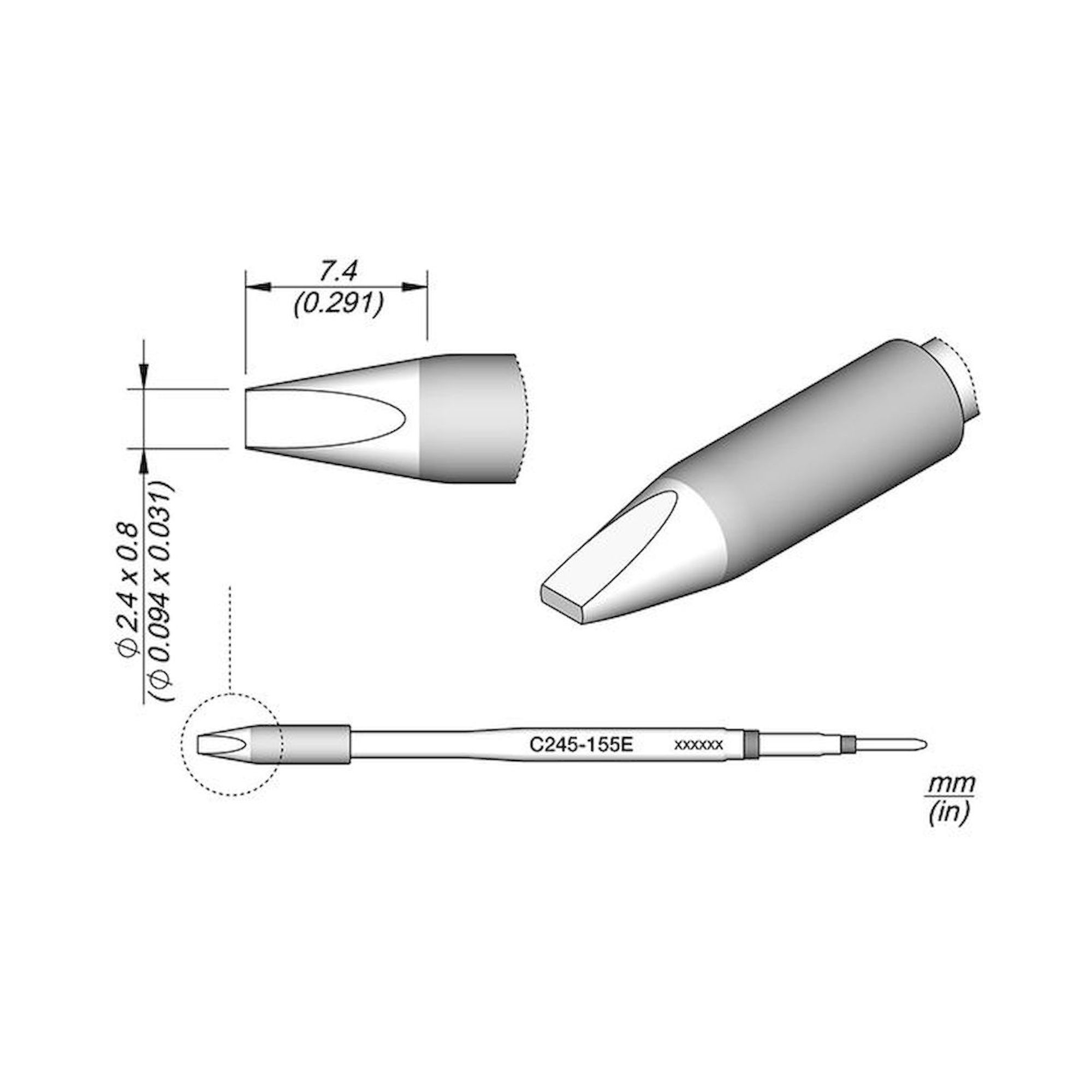 JBC C245155E. Soldering tip chisel-shaped, 2.4x0.8 mm for T245, C245155E