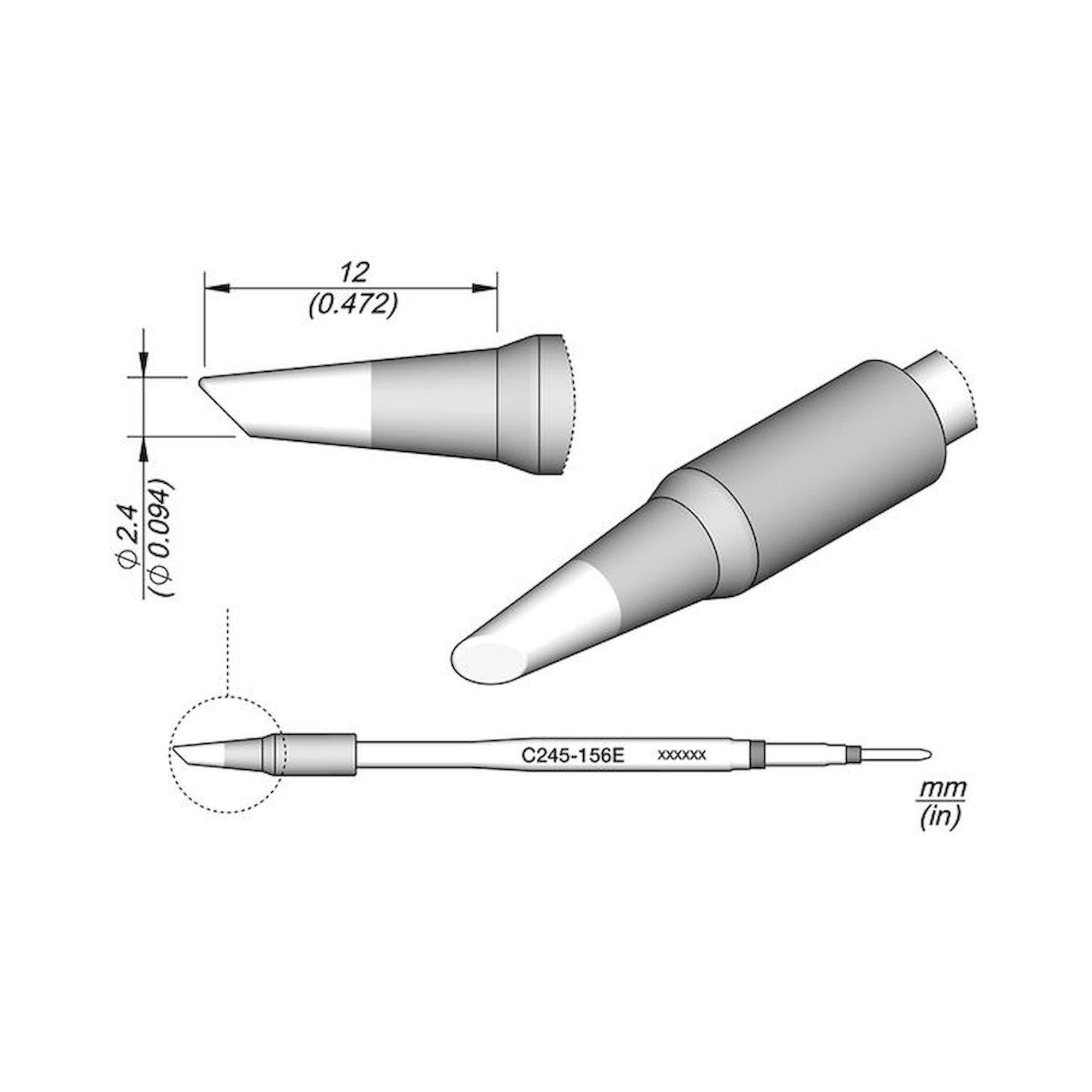 JBC C245156E. Soldering tip ro with/bevelled, D: 2.4 mm for T245, C245156E