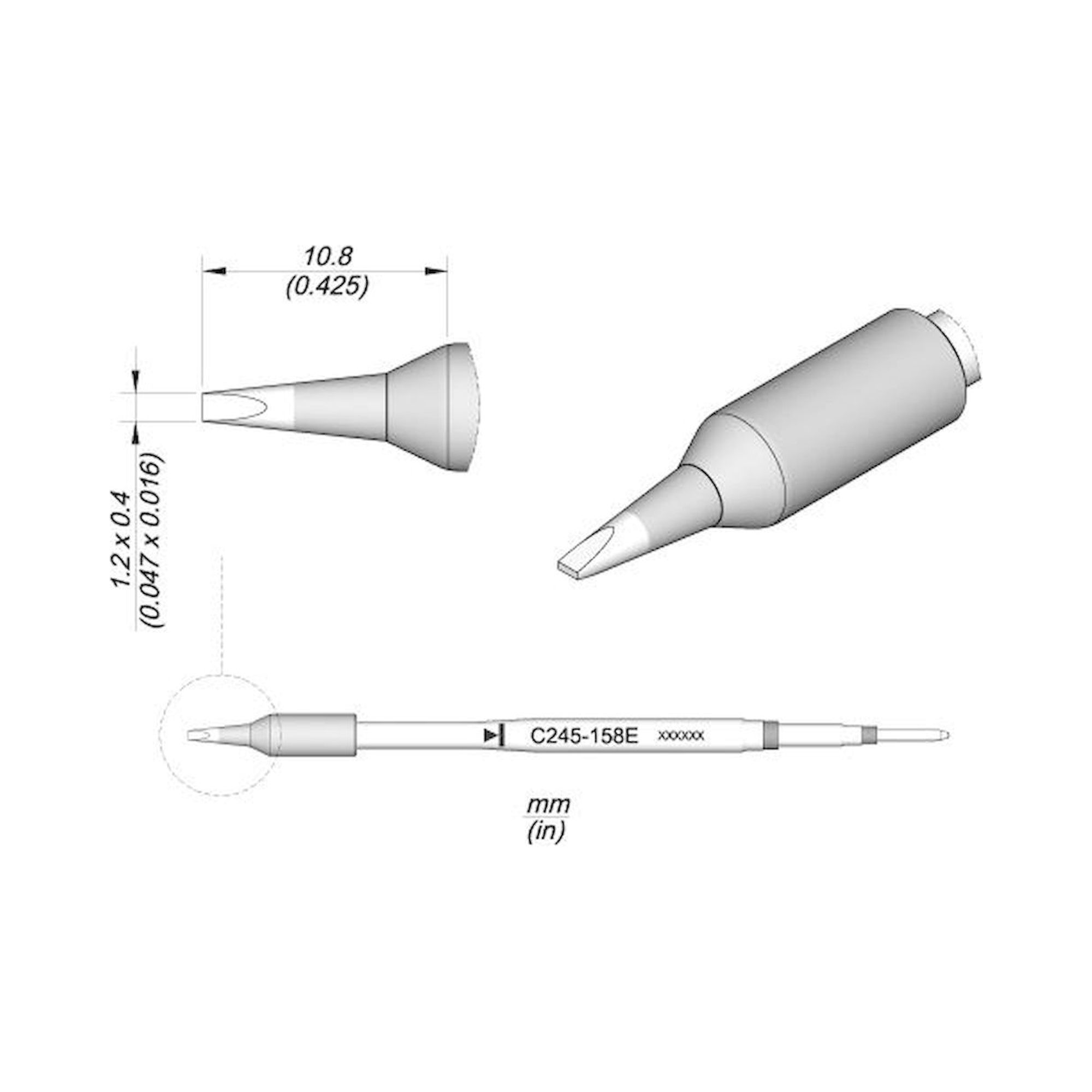 JBC C245158E. Chisel shaped soldering tip, 1.2x0.4 mm, C245158E