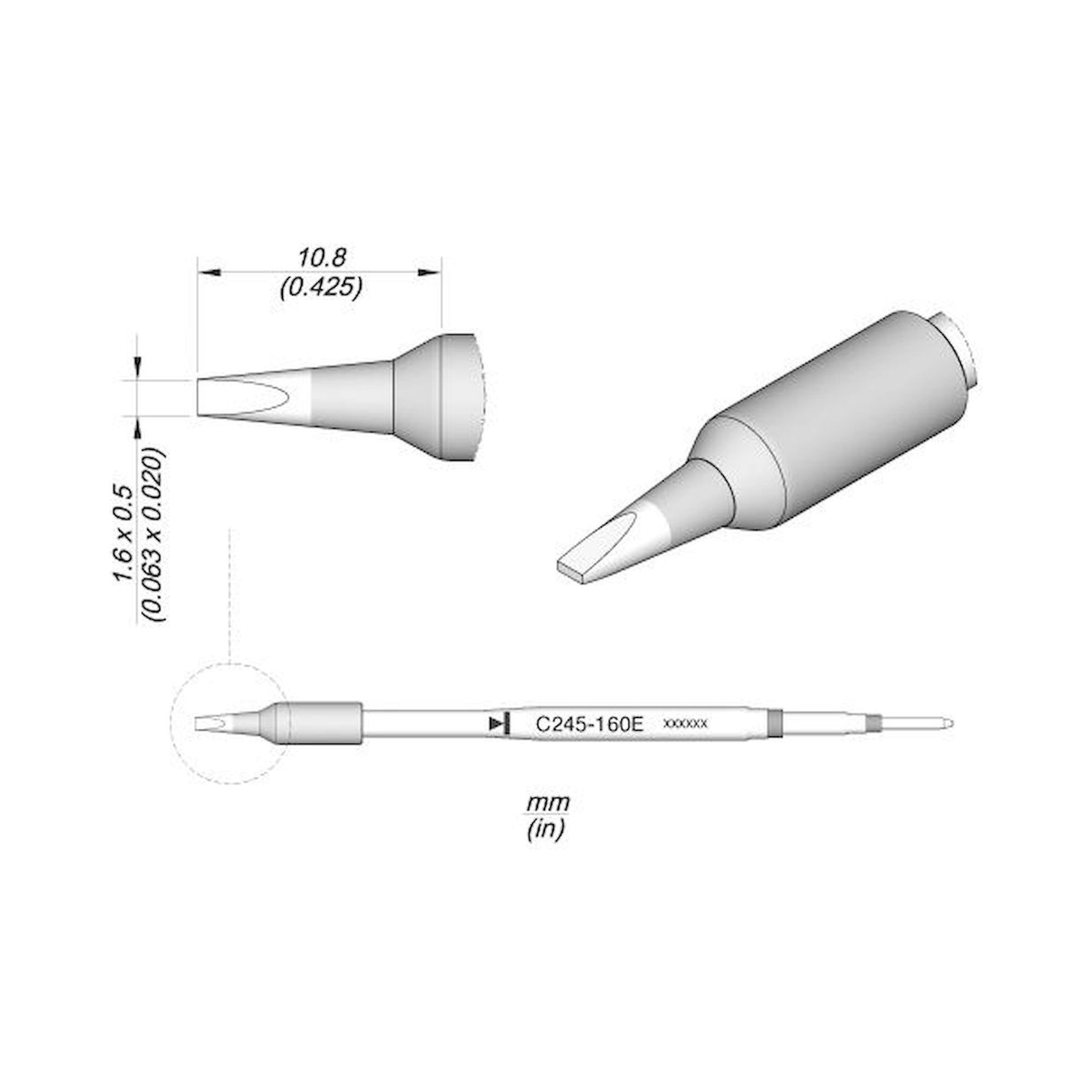 JBC C245160E. Chisel-shaped soldering tip, 1.6x0.5 mm, C245160E