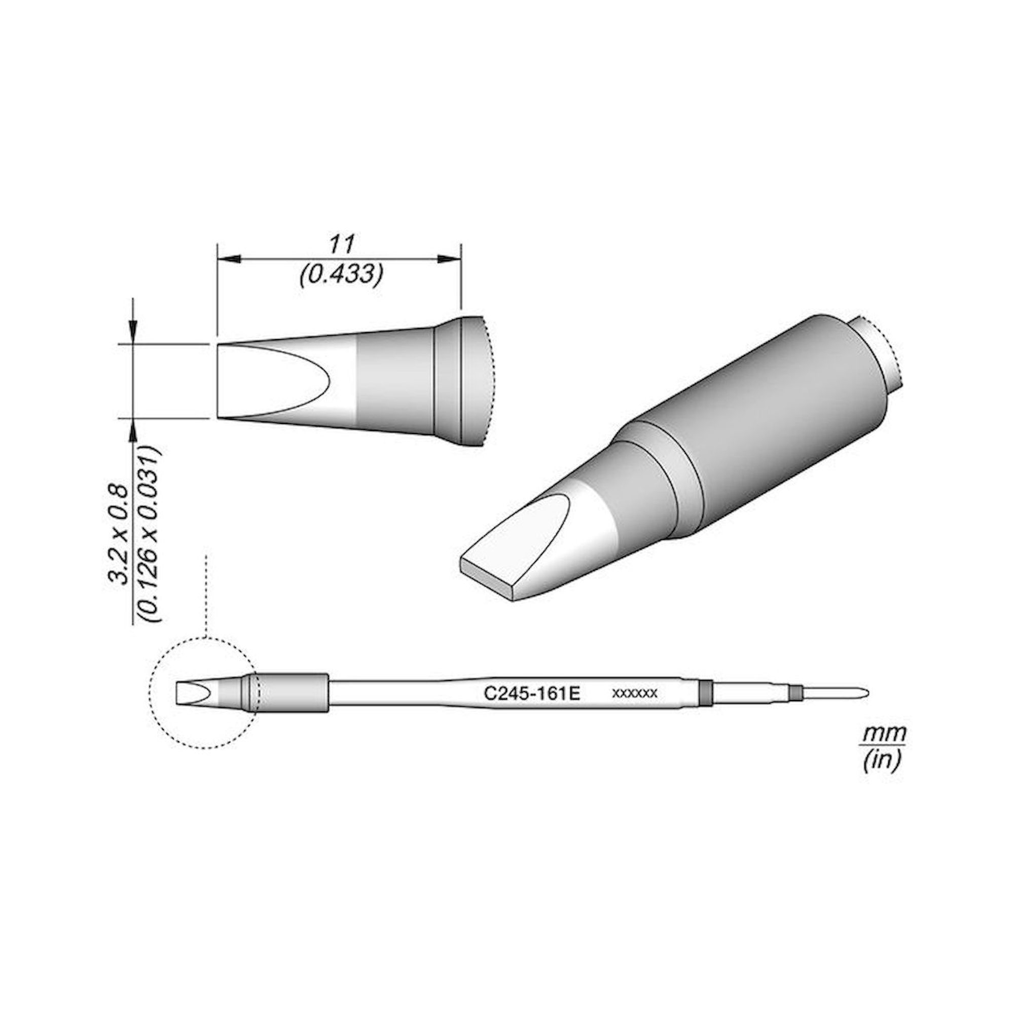 JBC C245161E. Soldering tip chisel-shaped 3.2x0.8 mm for T245, C245161E