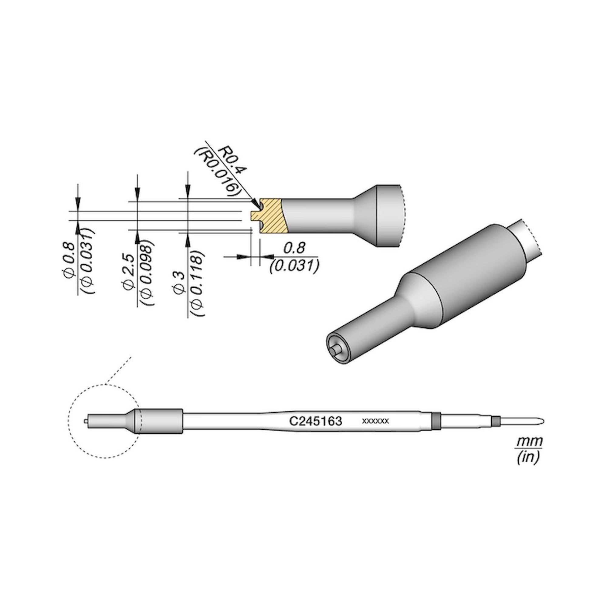JBC C245163. Special tip with chrome surface for plastic rivets C245163, 2.5 mm