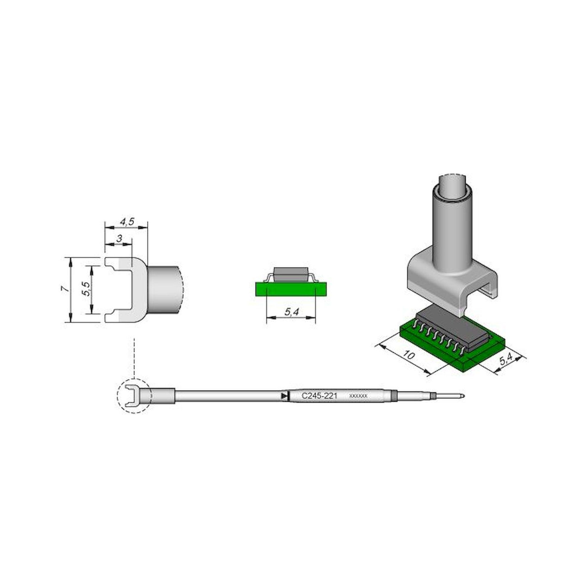 JBC C245221. Desoldering tip tunnel 5,4x10 mm, C245221