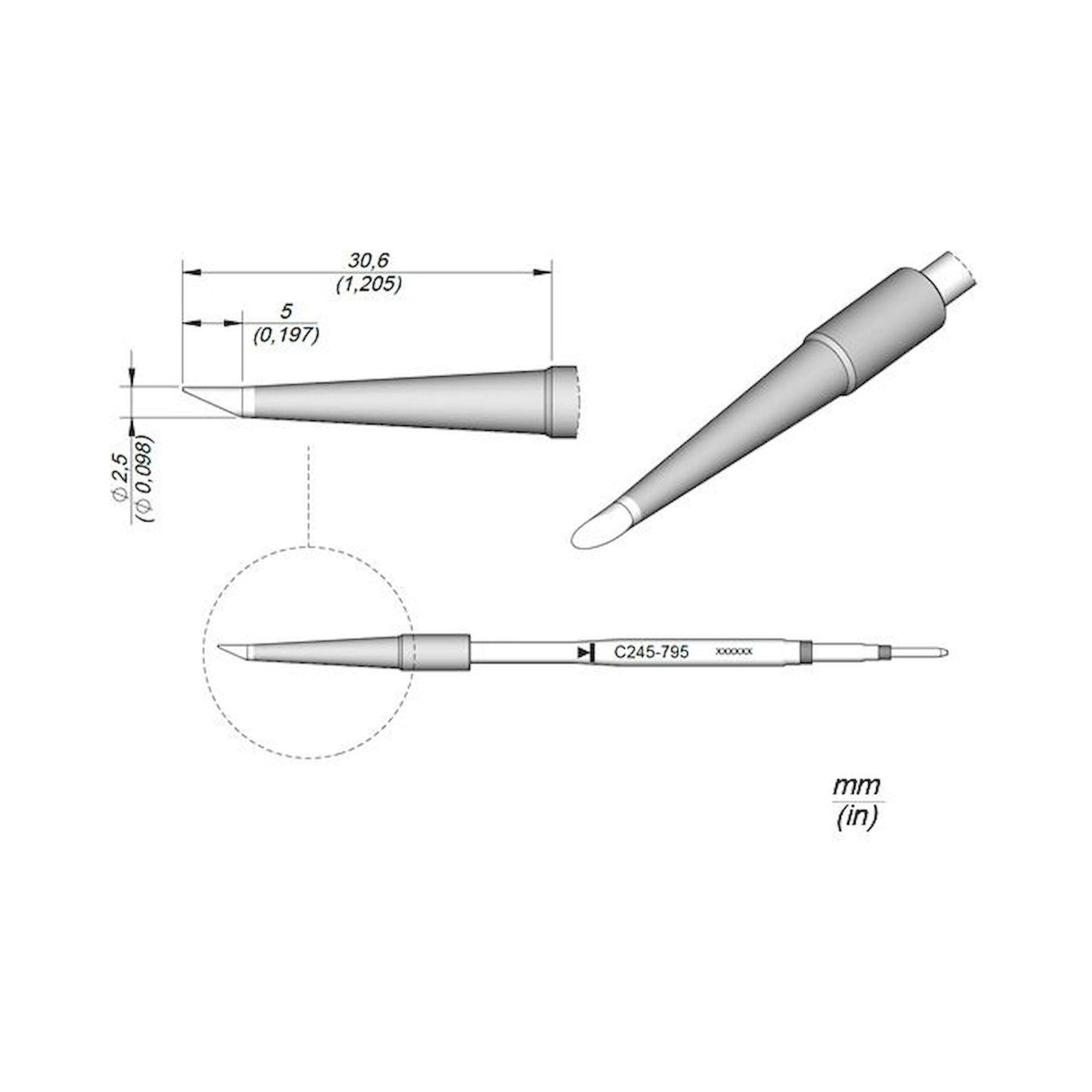 JBC C245795. Soldering tip bevelled, D 2.5 mm, C245795