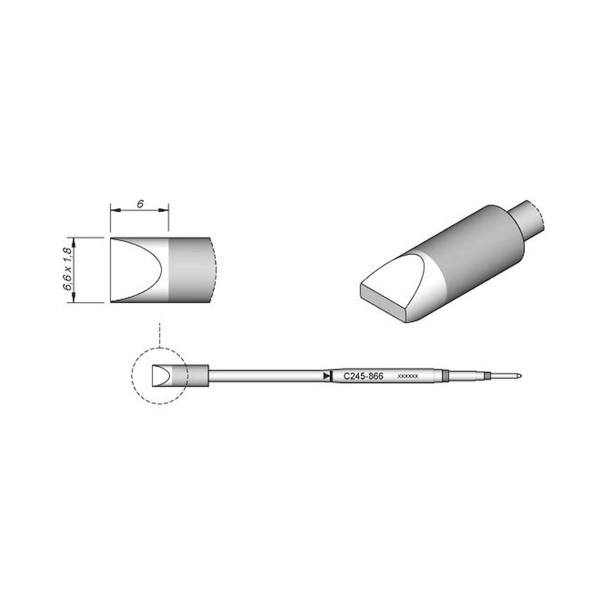 JBC C245866. Chisel shaped soldering tip, 6.6x1.8 mm, C245866