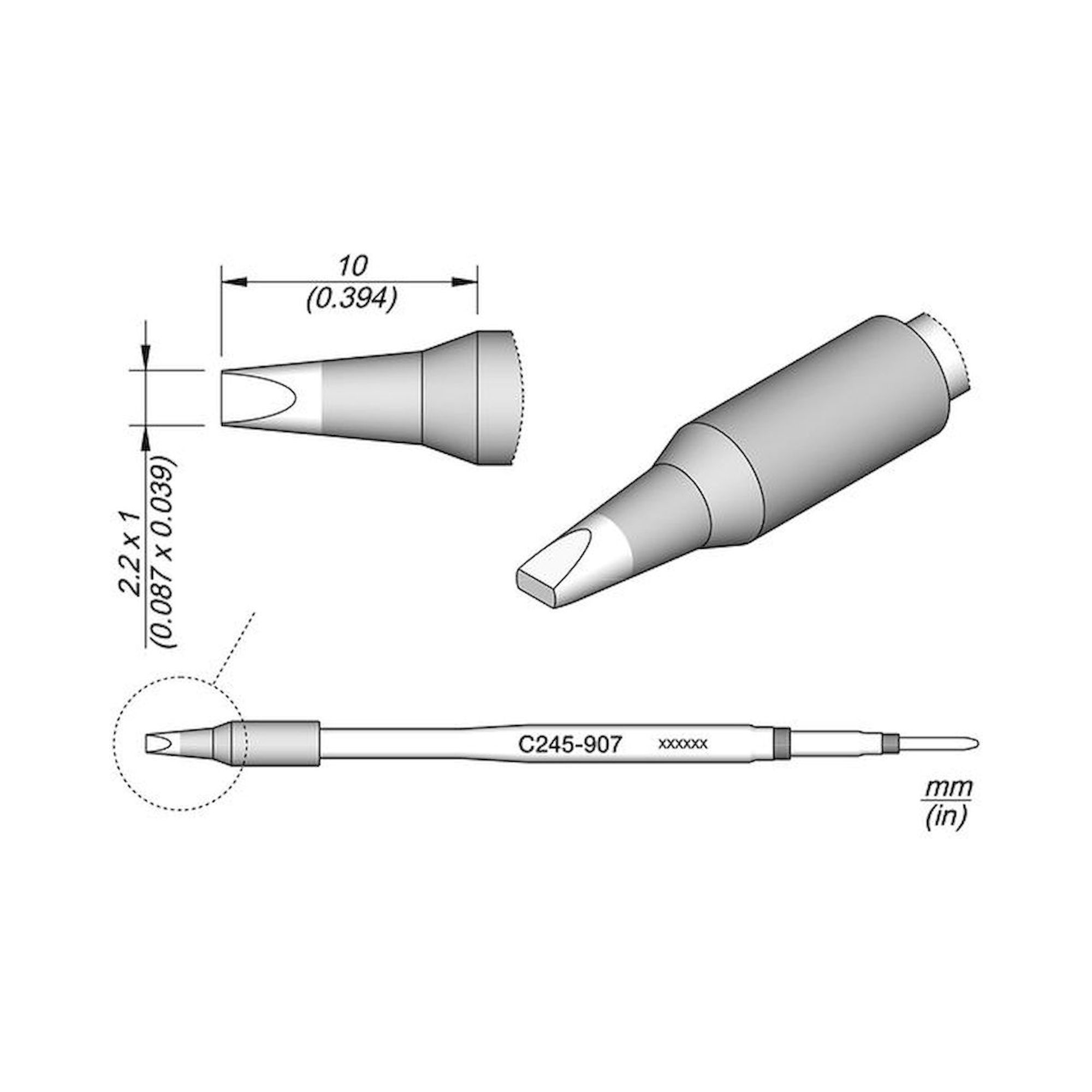 JBC C245907. Chisel shaped soldering tip, 2.2x1 mm, C245907