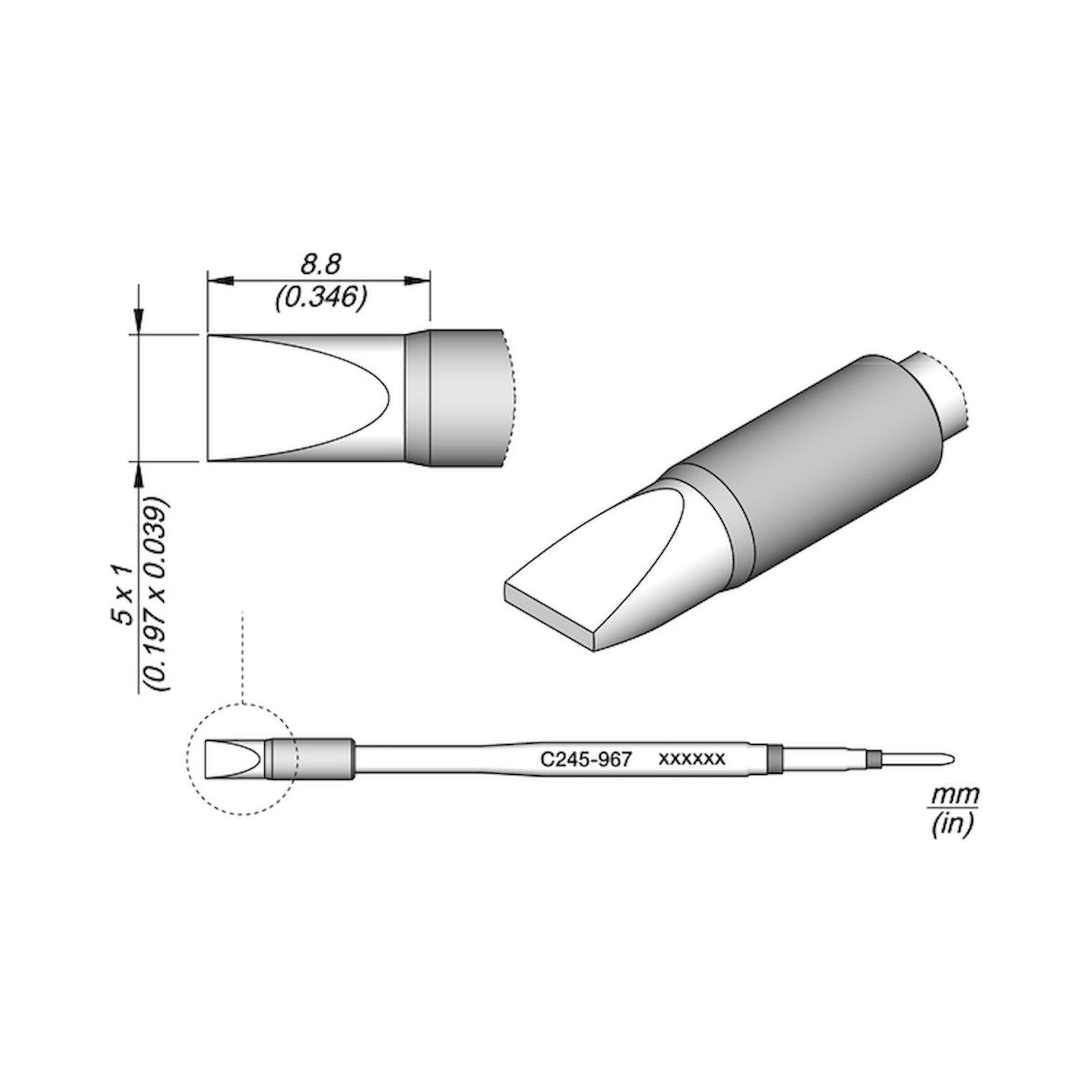 JBC C245967. Chisel shaped soldering tip, for T245, 6.6x1.8 mm, C245967