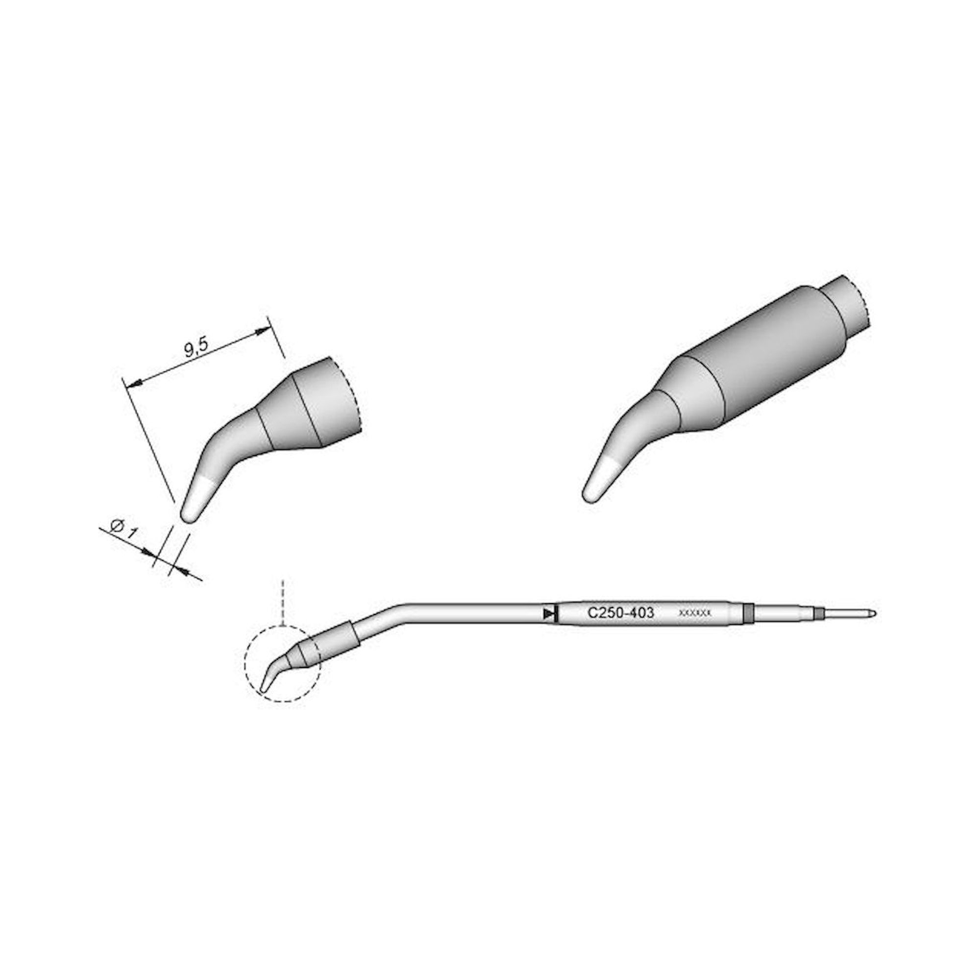 JBC C250403. Soldering tip, conical, curved, D: 1 mm, C250403