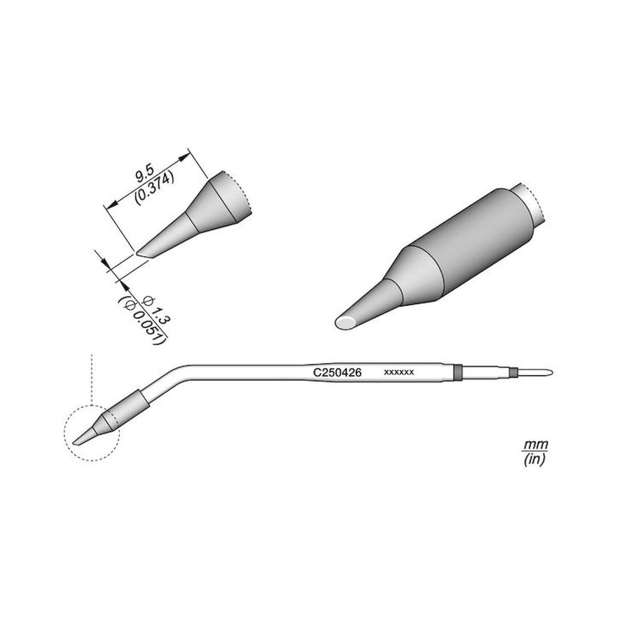 JBC C250426. Soldering tip for AL250/AP250, curved, beveled, C250426
