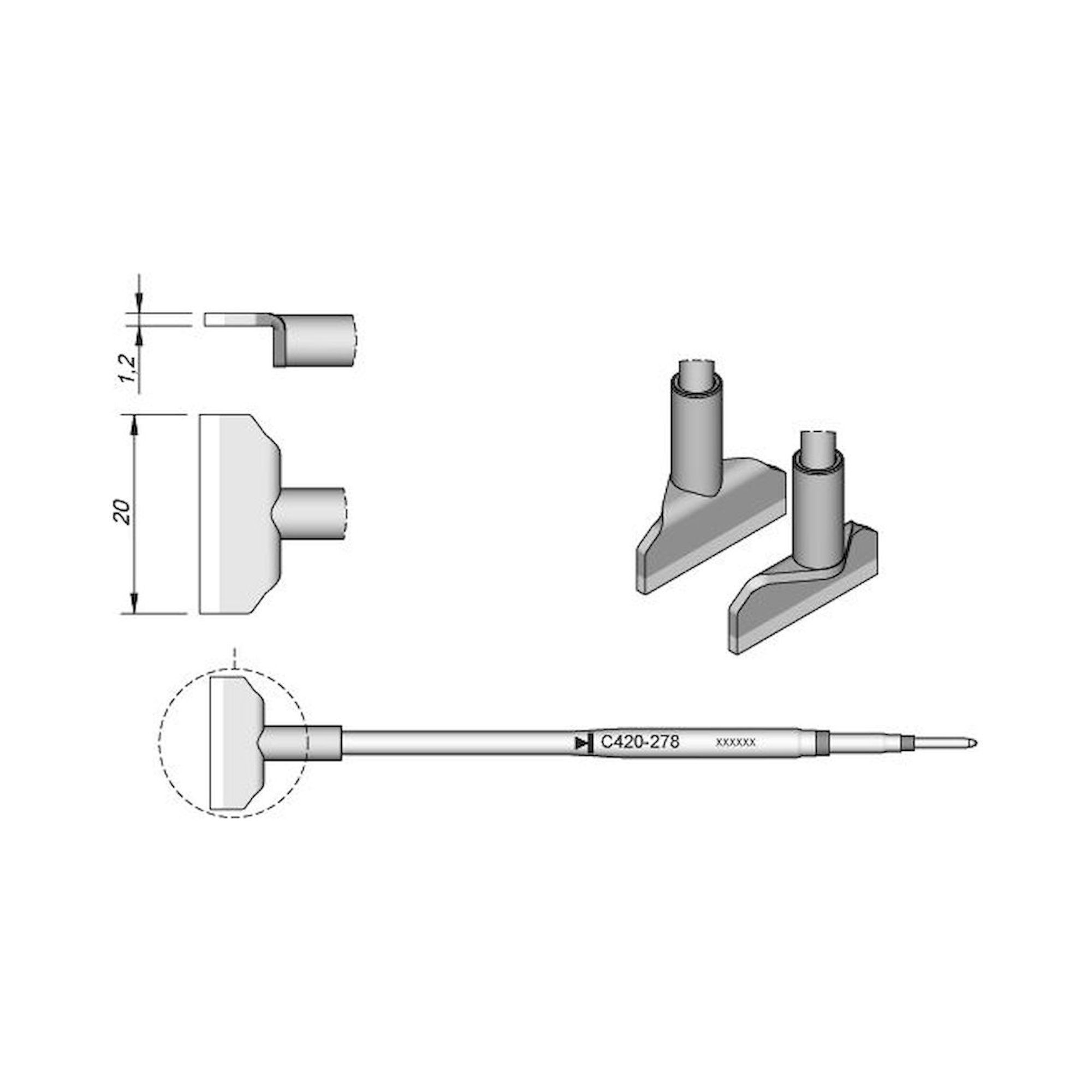 JBC C420278. Blade-shaped soldering tip, 20x1.2 mm, C420278