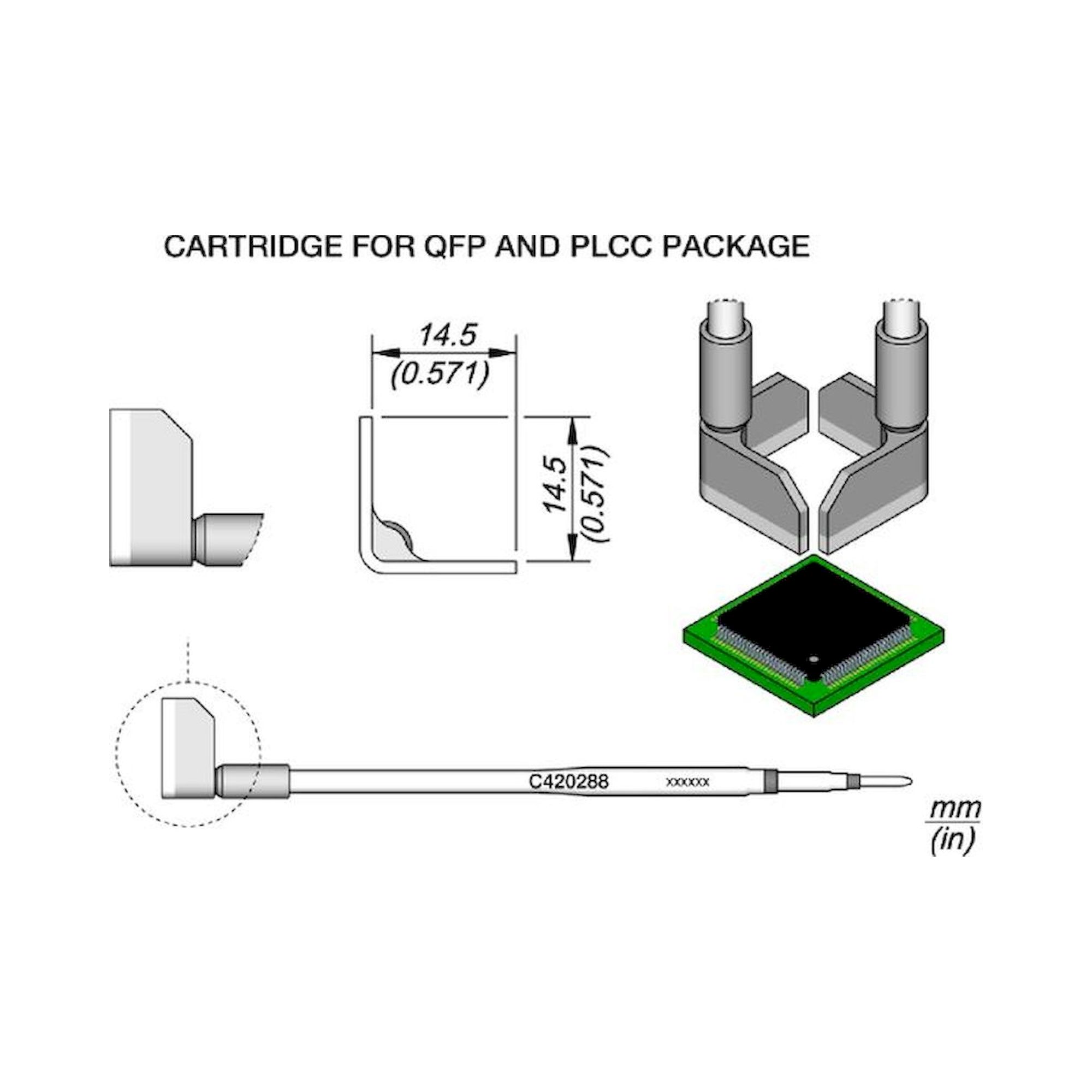 JBC C420288. Desoldering tip QFP 14,5 for Desoldering tweezers HT420 and AT420