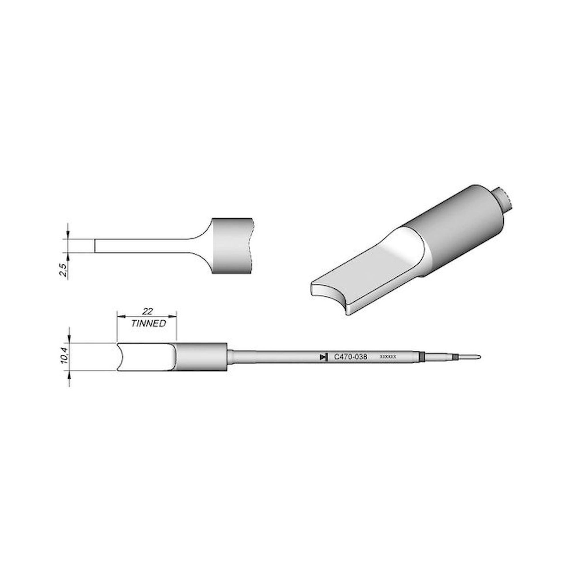 JBC C470038. Soldering tip R6, 10.4x2.5 mm, tin-plated surface, C470038