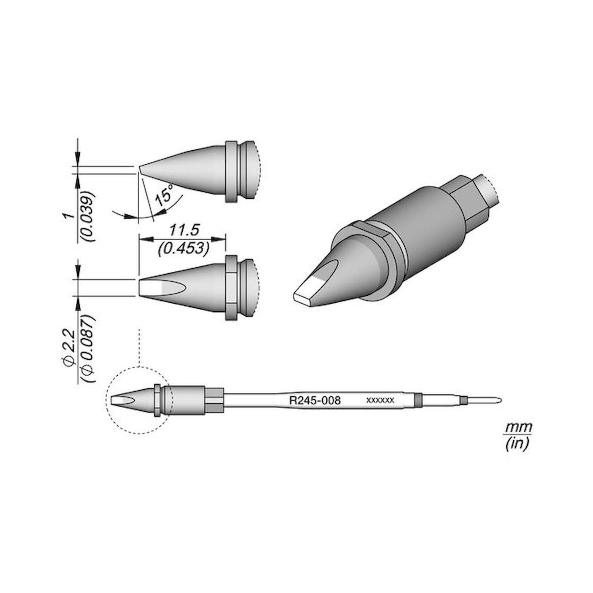 JBC R245008. Soldering tip R245, chisel, 2.2x1mm, R245008