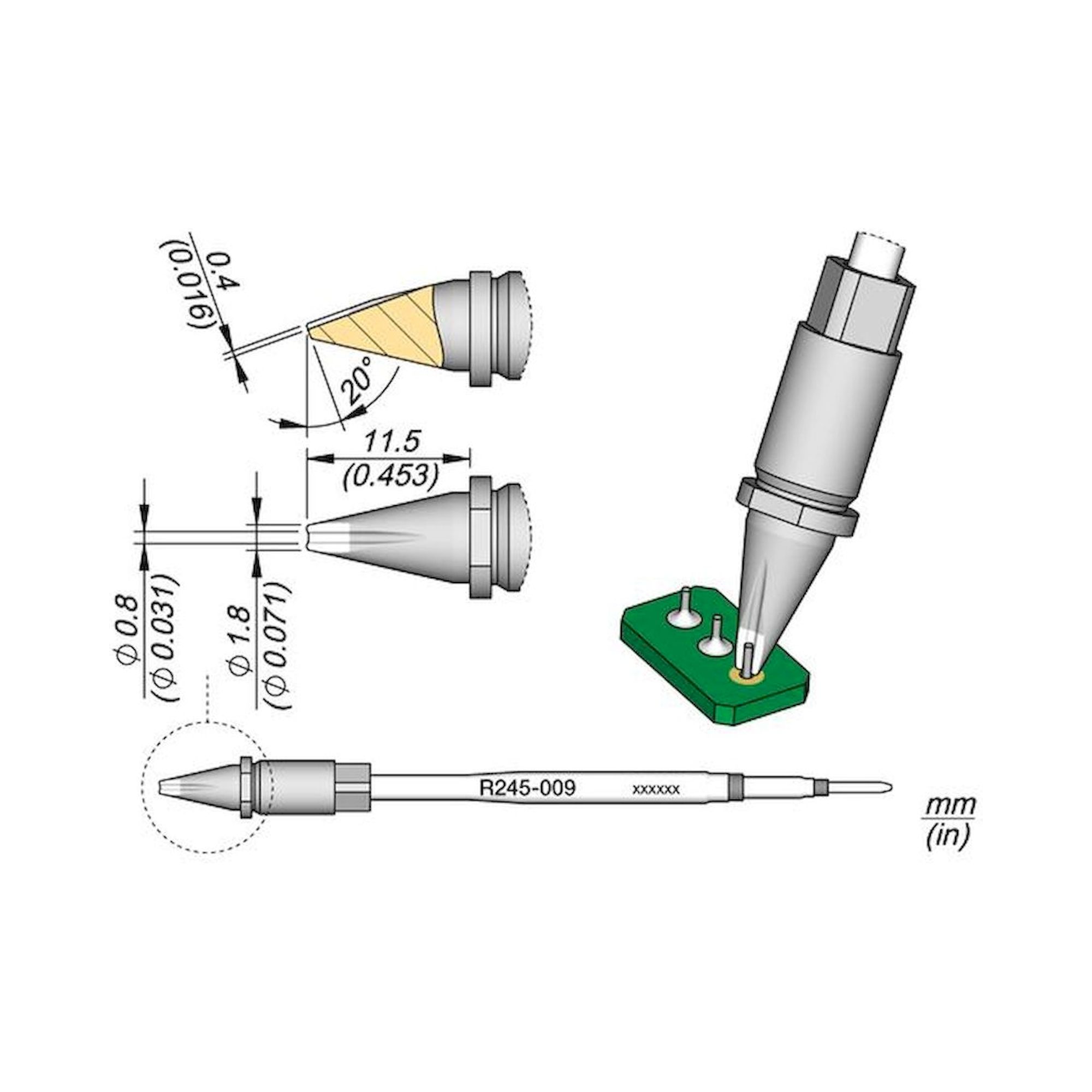 JBC R245009. Soldering tip R245, pin connector, 0.8 mm, R245009