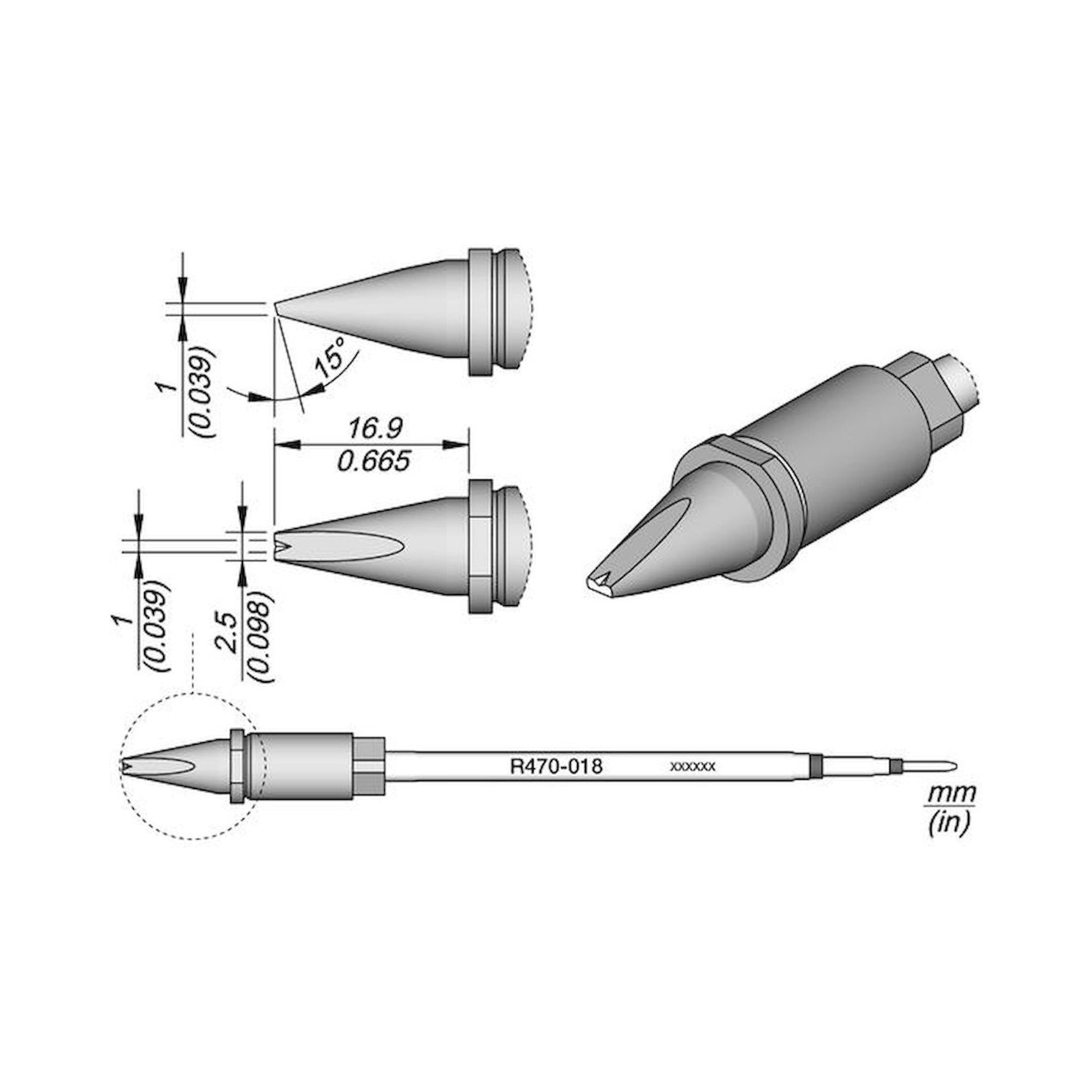 JBC R470018. Soldering tip R470, grooved chisel, 2.5x1mm, R470018