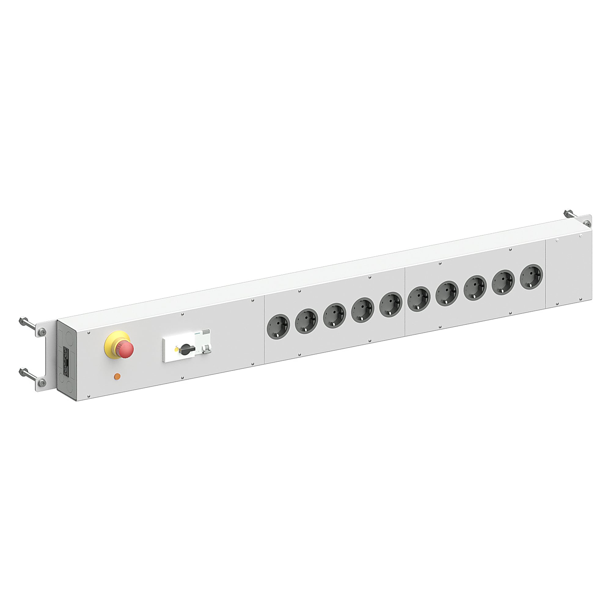 Elektroanschlussleiste Sintro, NOT-AUS, FI 25 A / 30 mA, Automat B 16 A, 10 Schukosteckdosen, Tischbreite 1230 mm - Karl 39.480.70