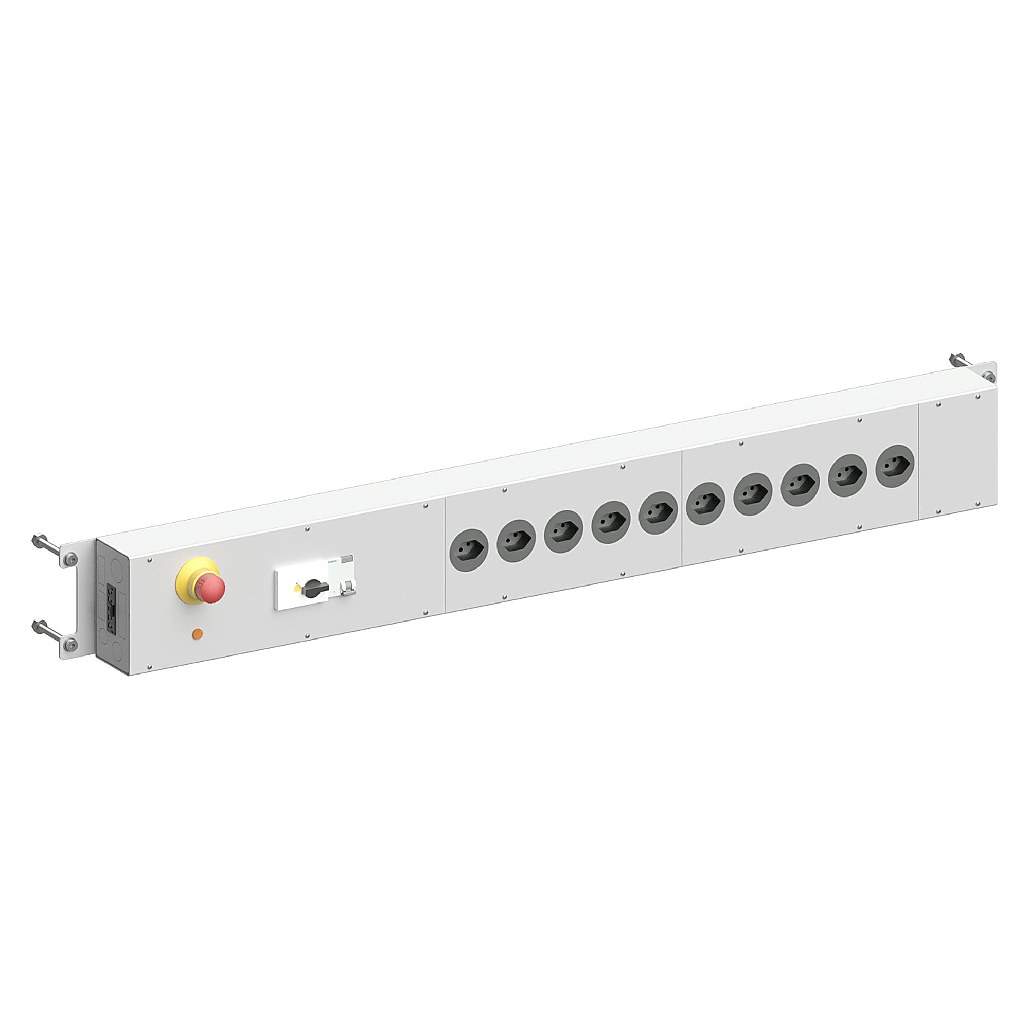 Bandeau d'alimentation Sintro (CH), arrêt d'urgence, DDR 30 mA, disjoncteur B 16 A, 10 prises suisses, table 1230 mm - Karl 39.481.70