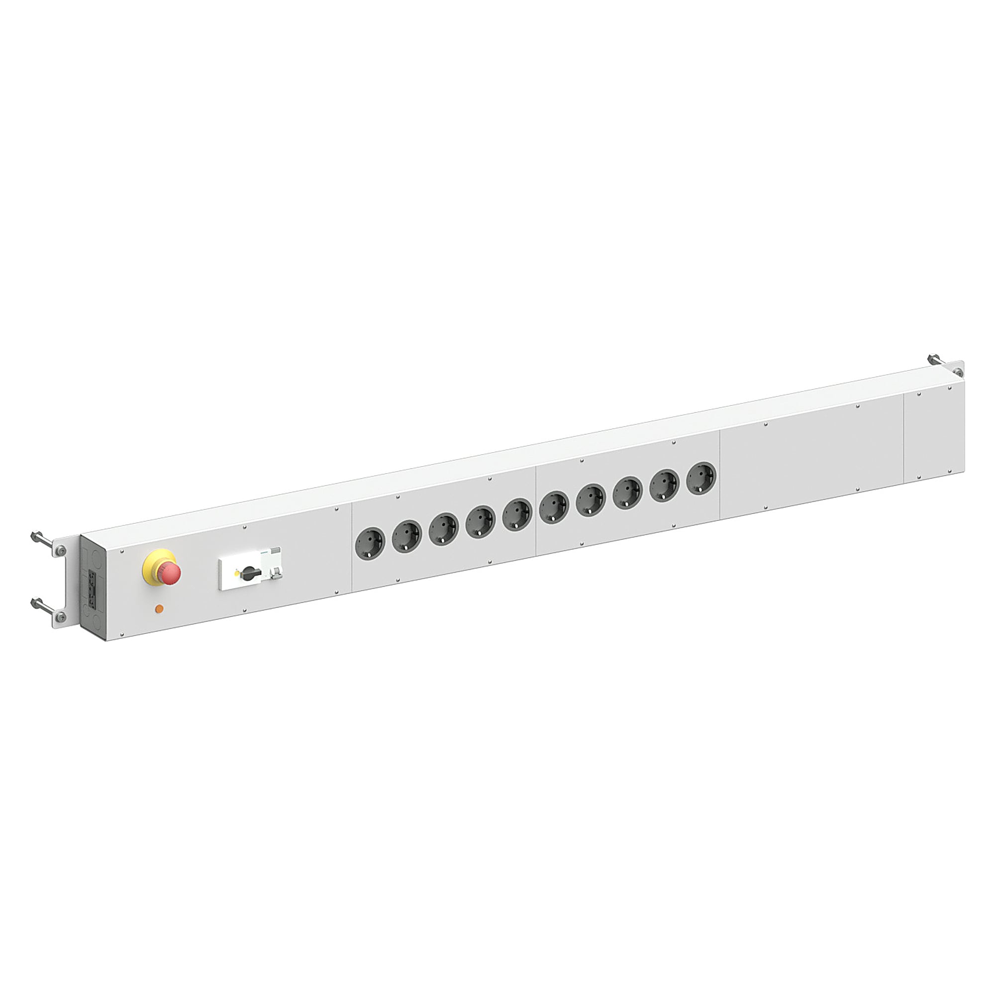 Bandeau d'alimentation Sintro, arrêt d'urgence, DDR 30 mA, disjoncteur B 16 A, 10 prises Schuko, table 1530/1830 mm - Karl 39.483.70