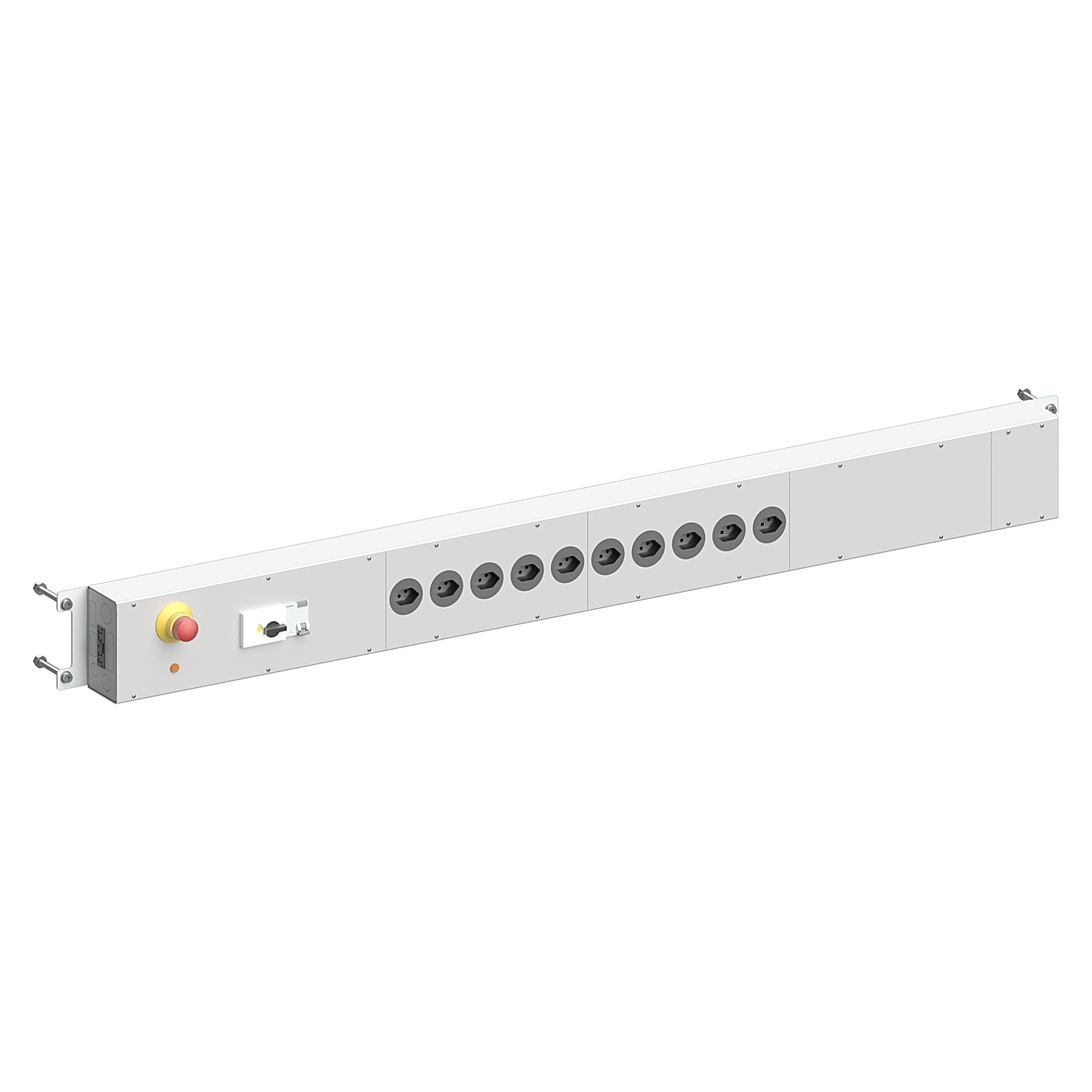 Bandeau d'alimentation Sintro (CH), arrêt d'urgence, DDR 30 mA, disjoncteur B 16 A, 10 prises suisses, table 1530/1830 mm - Karl 39.484.70